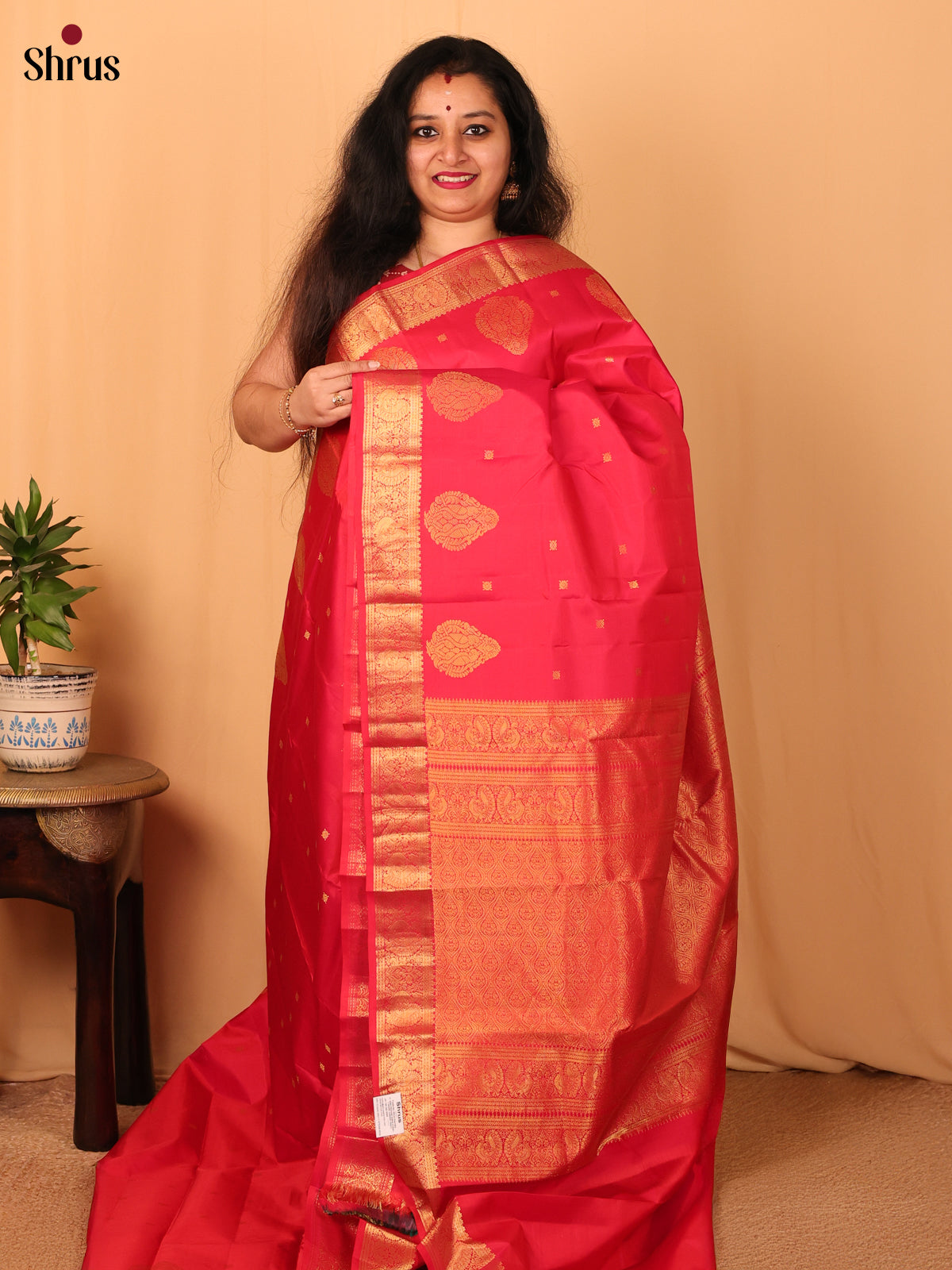 Red(Single Tone)- Kanchipuram silk Saree - Shop on Shrus.com
