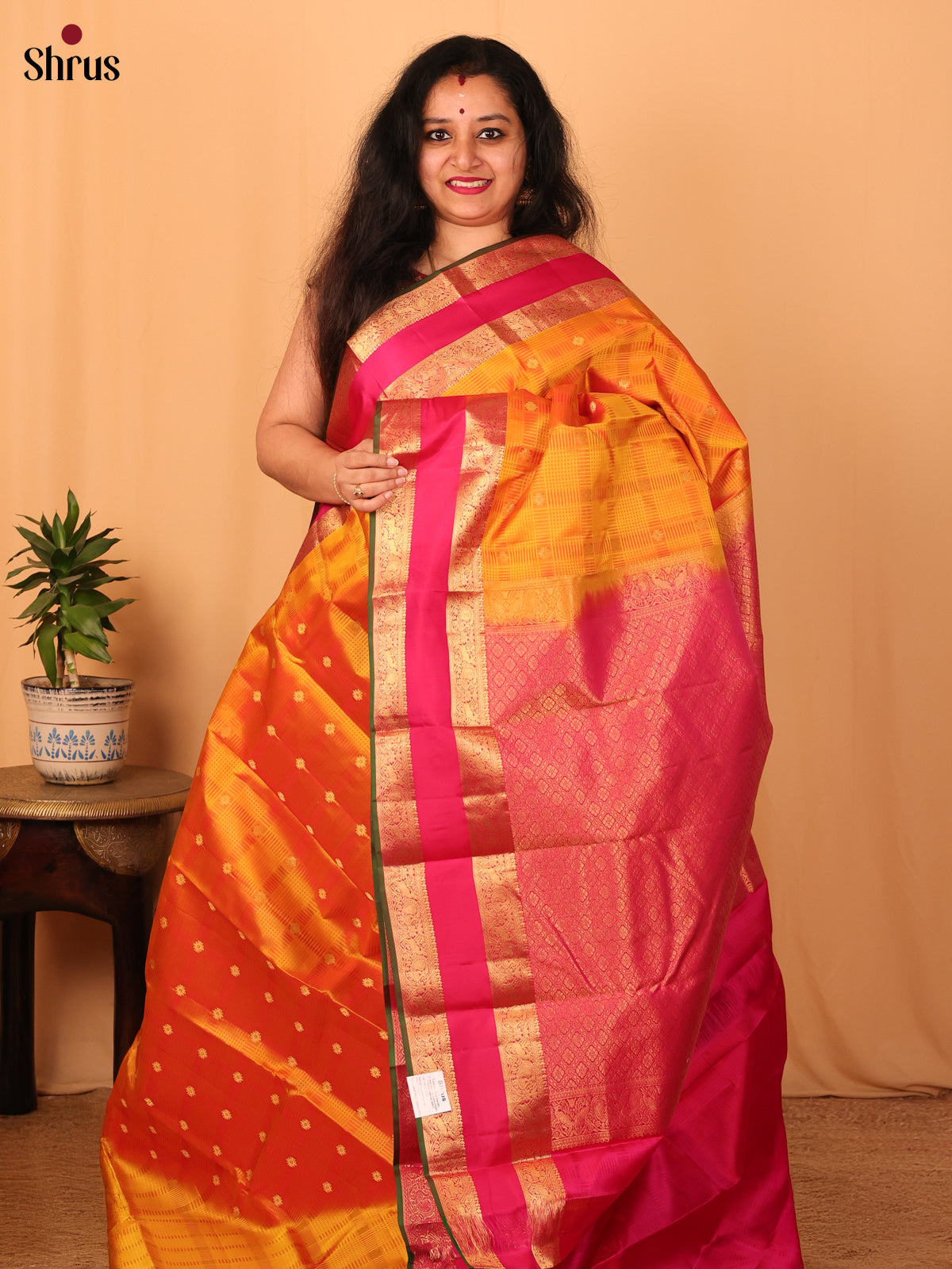 Sunset Orange & Pink- Kanchipuram silk Saree - Shop on Shrus.com