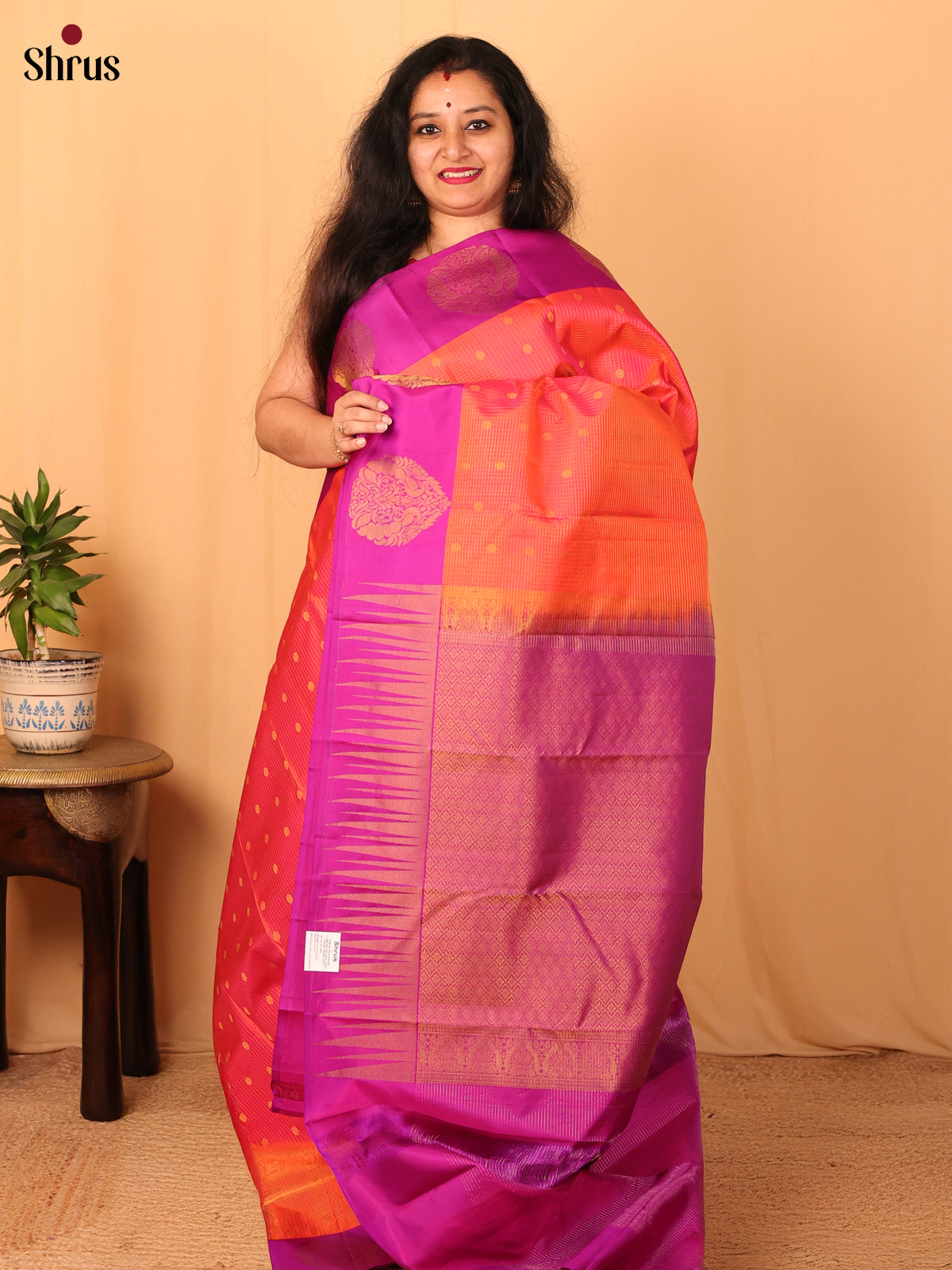 Orange & Majenta - Kanchipuram silk Saree - Shop on Shrus.com