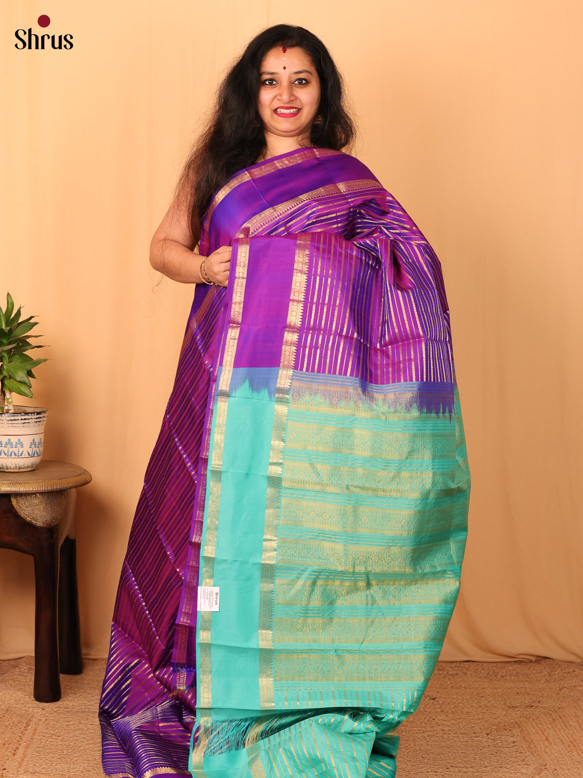 Violet & Teal Green - Kanchipuram silk Saree - Shop on Shrus.com