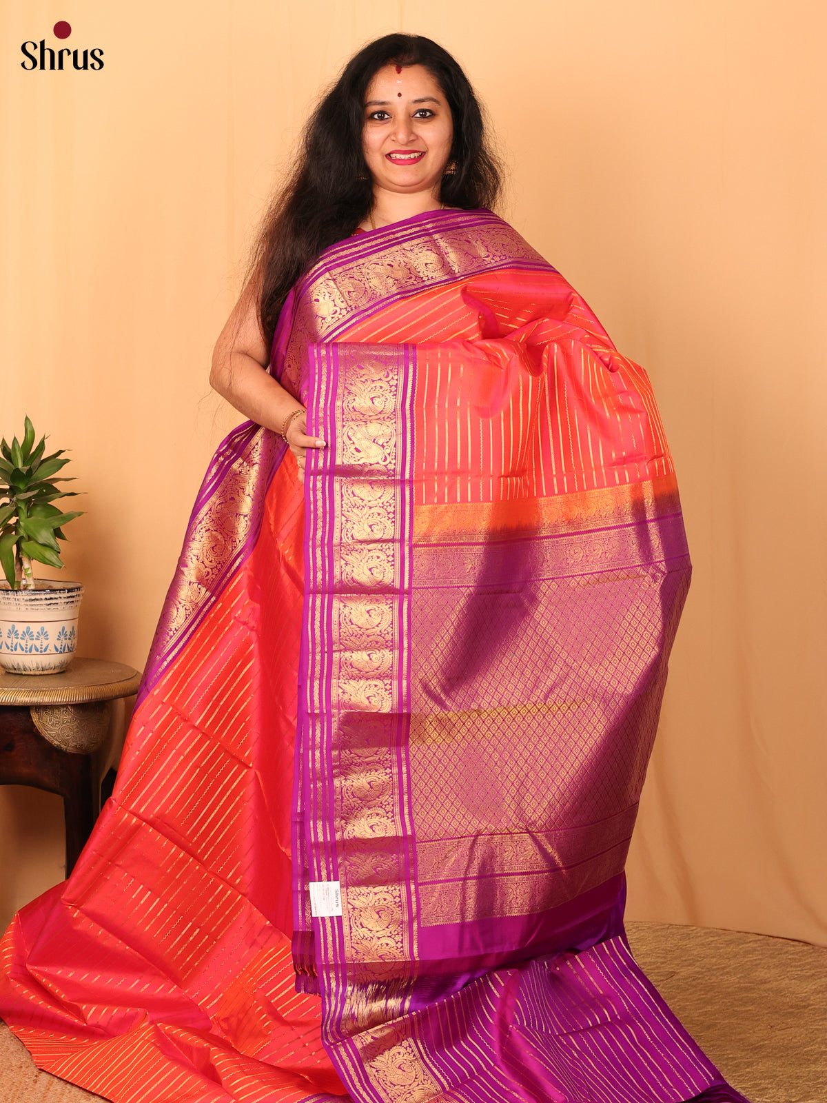 Orangish Pink & Purple - Kanchipuram silk Saree - Shop on Shrus.com