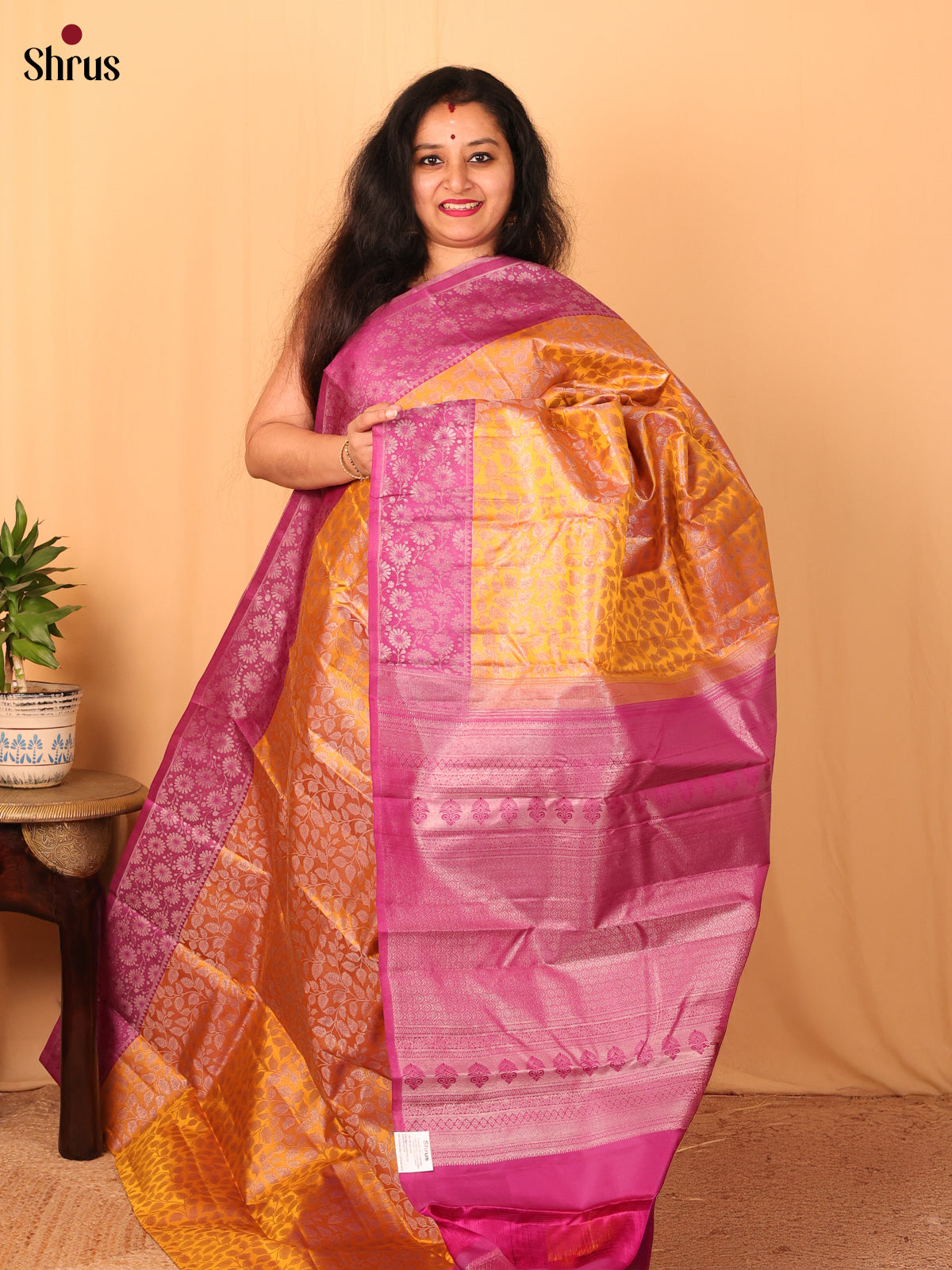 Yellow and Purple Kanchipuram silk Saree With Pure Zari Woven Floral Brocade-1