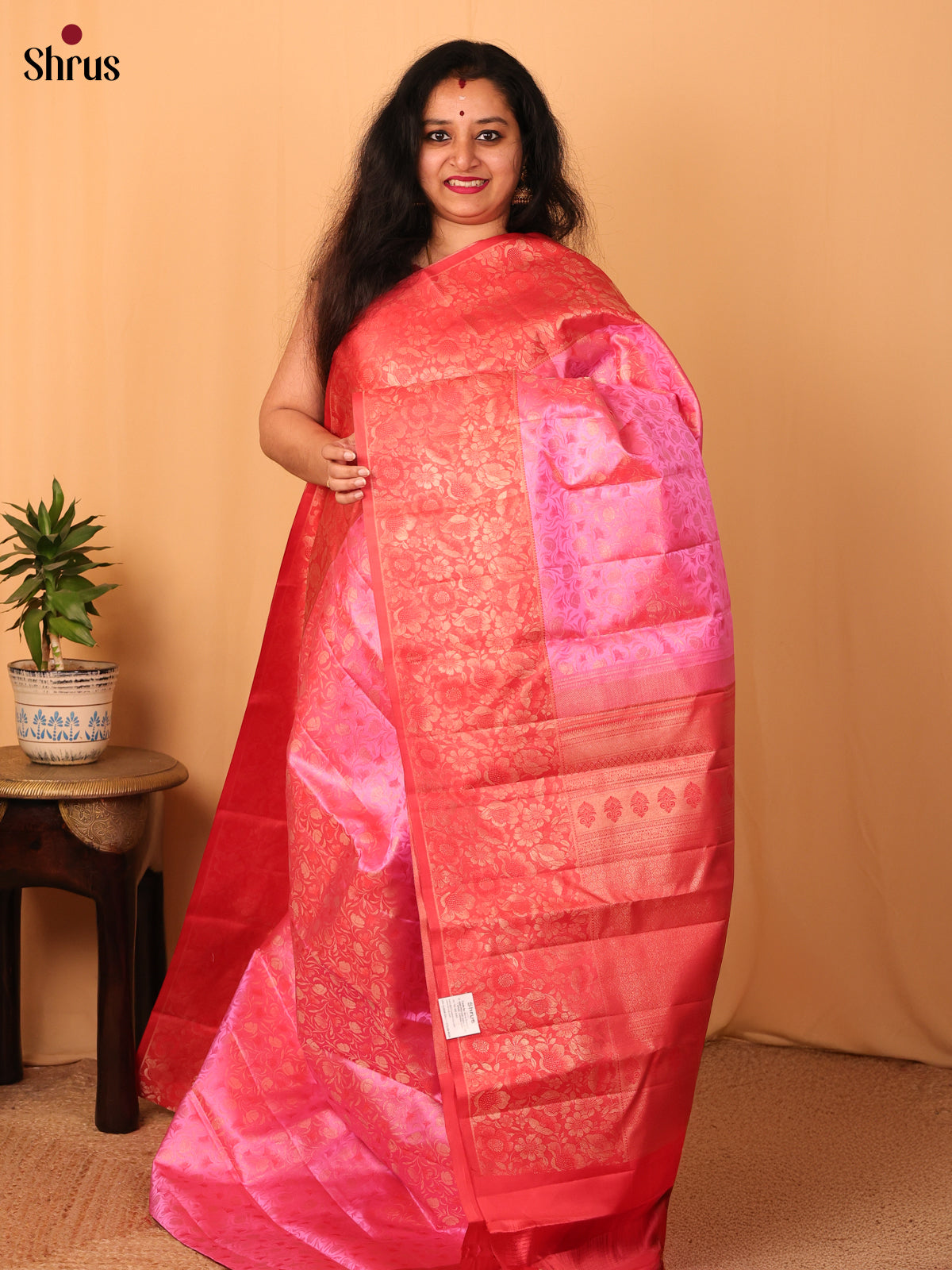 Pink and Red Kanchipuram silk Saree With Pure Zari Woven Brocade-1