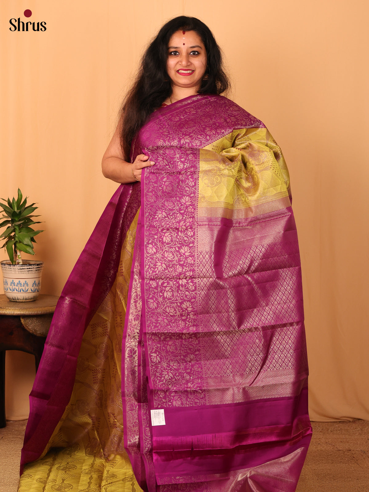 Mustard and Purple Kanchipuram silk Saree With Pure Zari Woven Floral Pattern-1