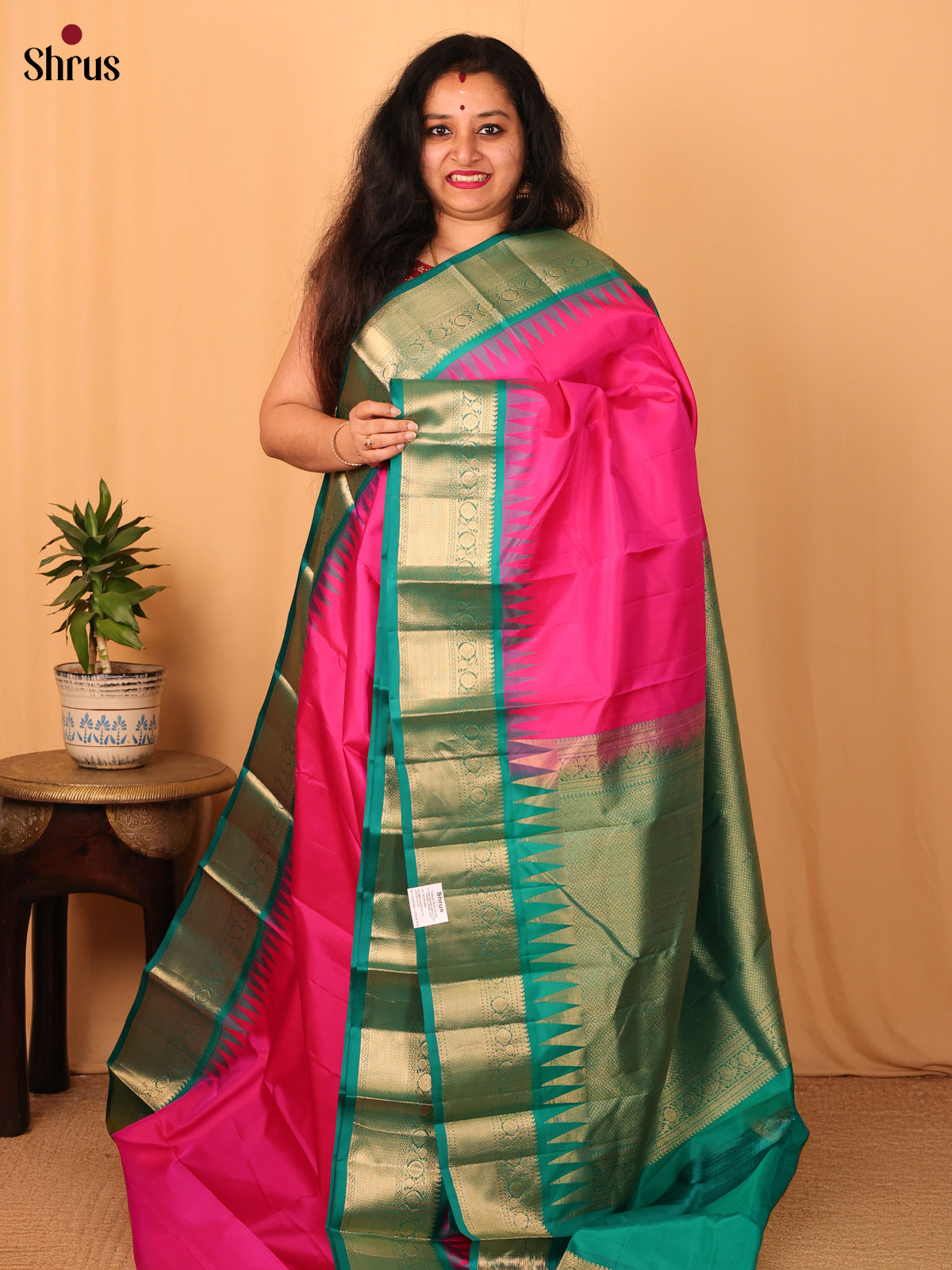 Pink & Green - Kanchipuram silk Saree - Shop on Shrus.com