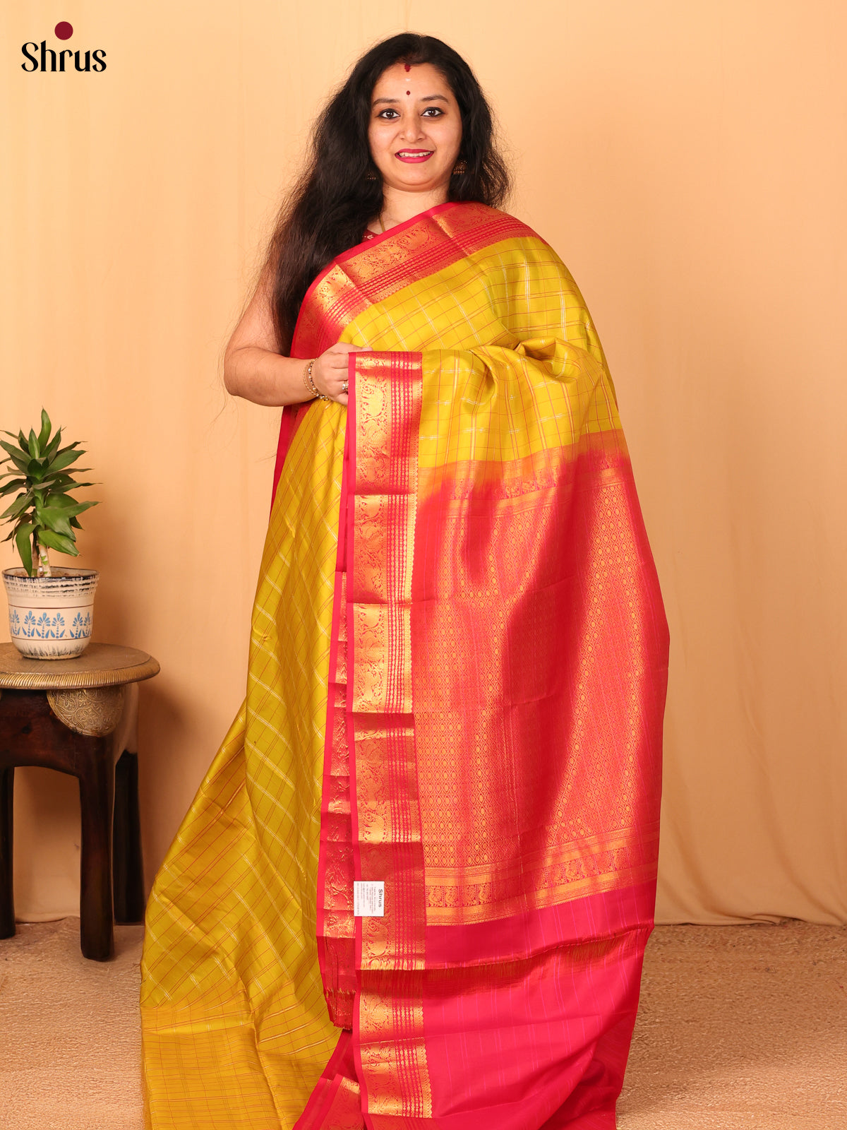 Mustard and Red Kanchipuram silk Saree With Pure Zari Woven Checks-1
