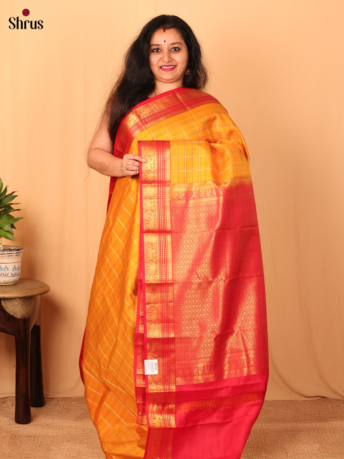 Mustard and Red Kanchipuram silk Saree With Pure Zari Woven Checks - Shop on Shrus.com