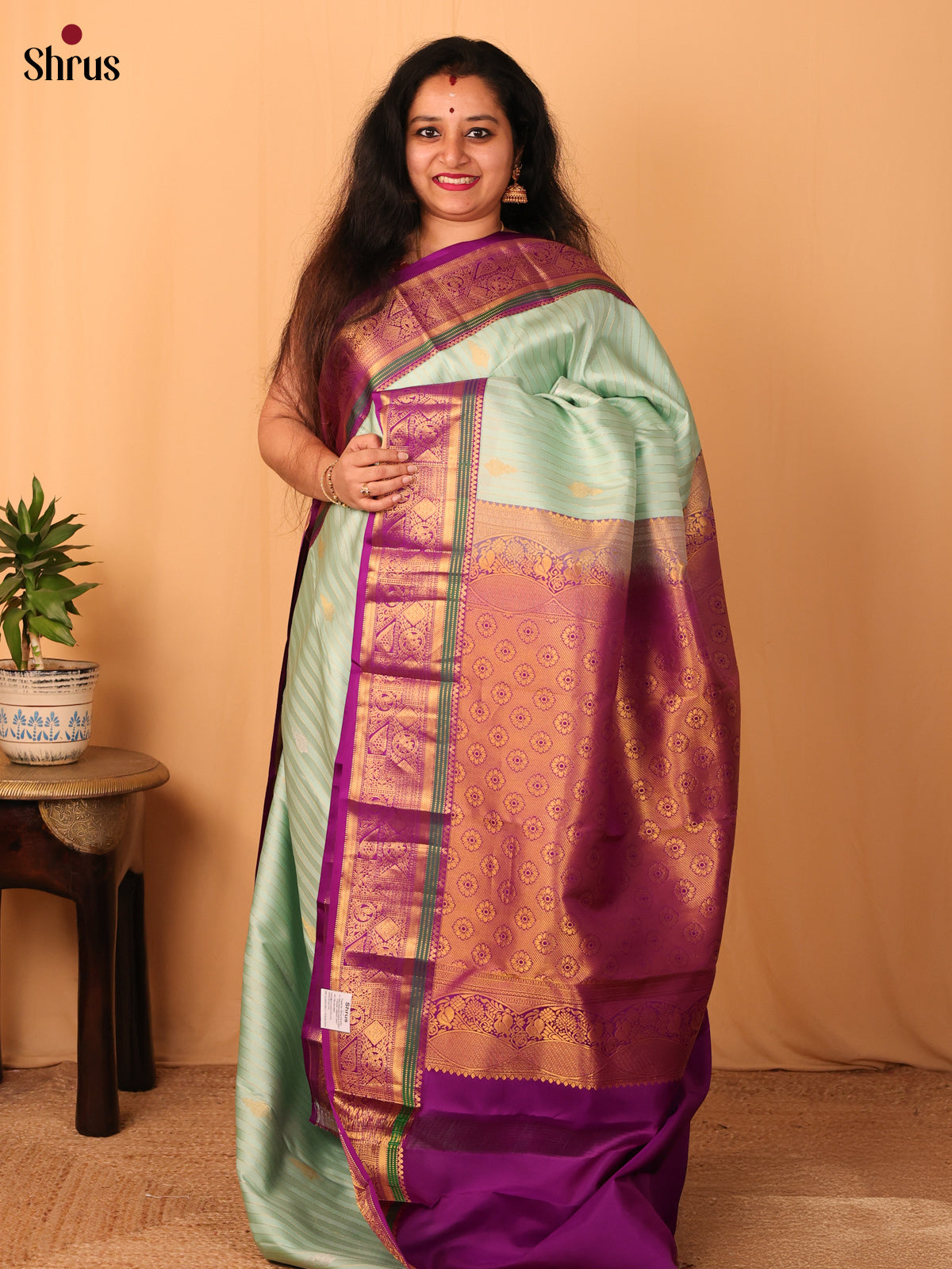 Pastel Green & Majenta - Kanchipuram silk Saree - Shop on Shrus.com