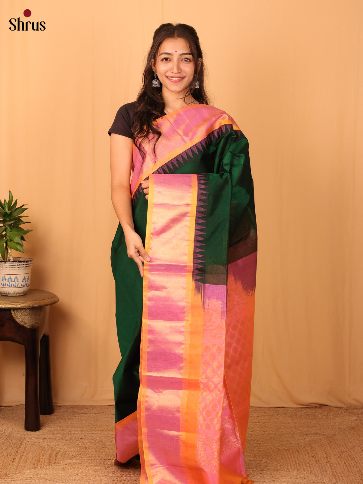 Green & Peachish Pink - Silk Cotton Saree - Shop on Shrus.com