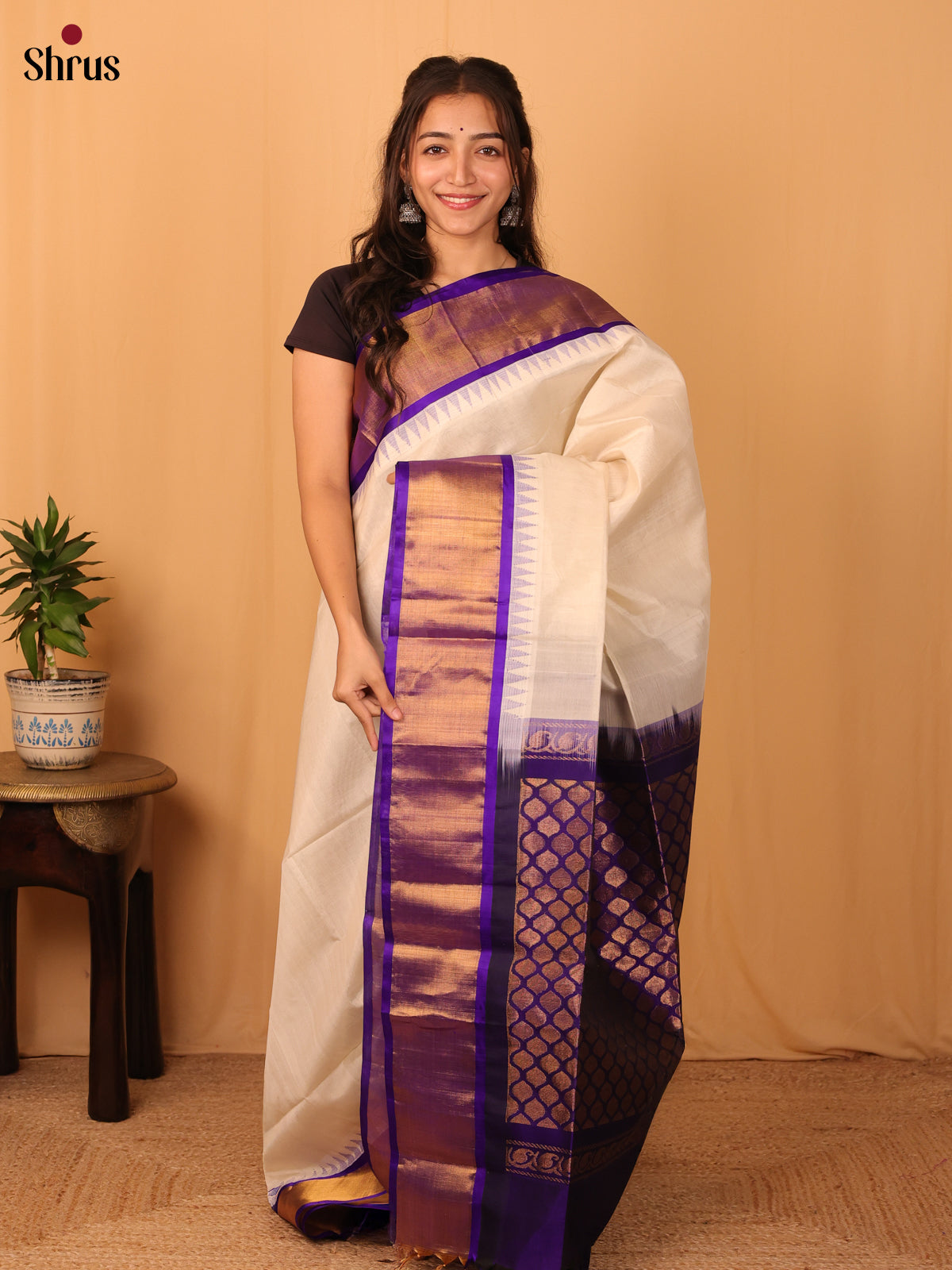 Cream & Violet- Silk Cotton Saree - Shop on Shrus.com