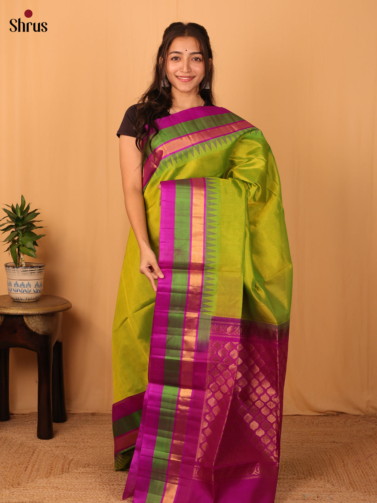 Green & Majenta - Silk Cotton Saree - Shop on Shrus.com