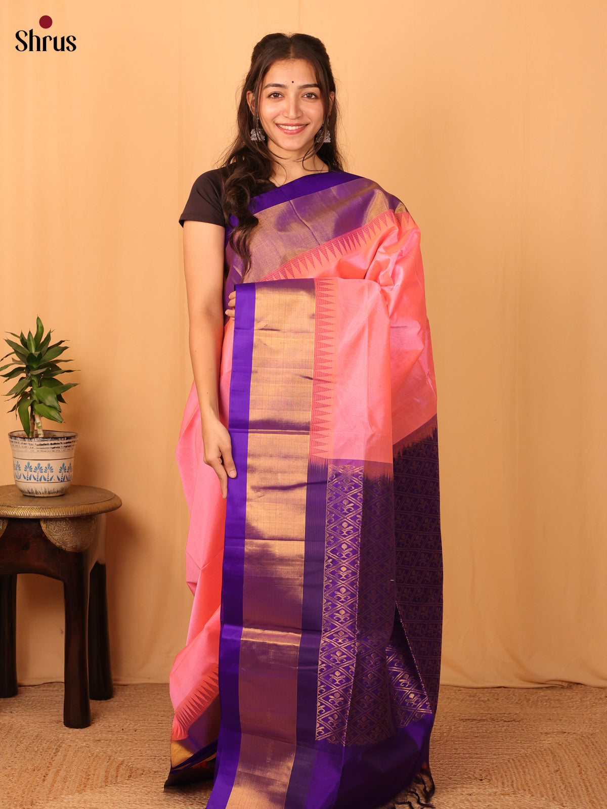 Pink & Violet- Silk Cotton Saree - Shop on Shrus.com