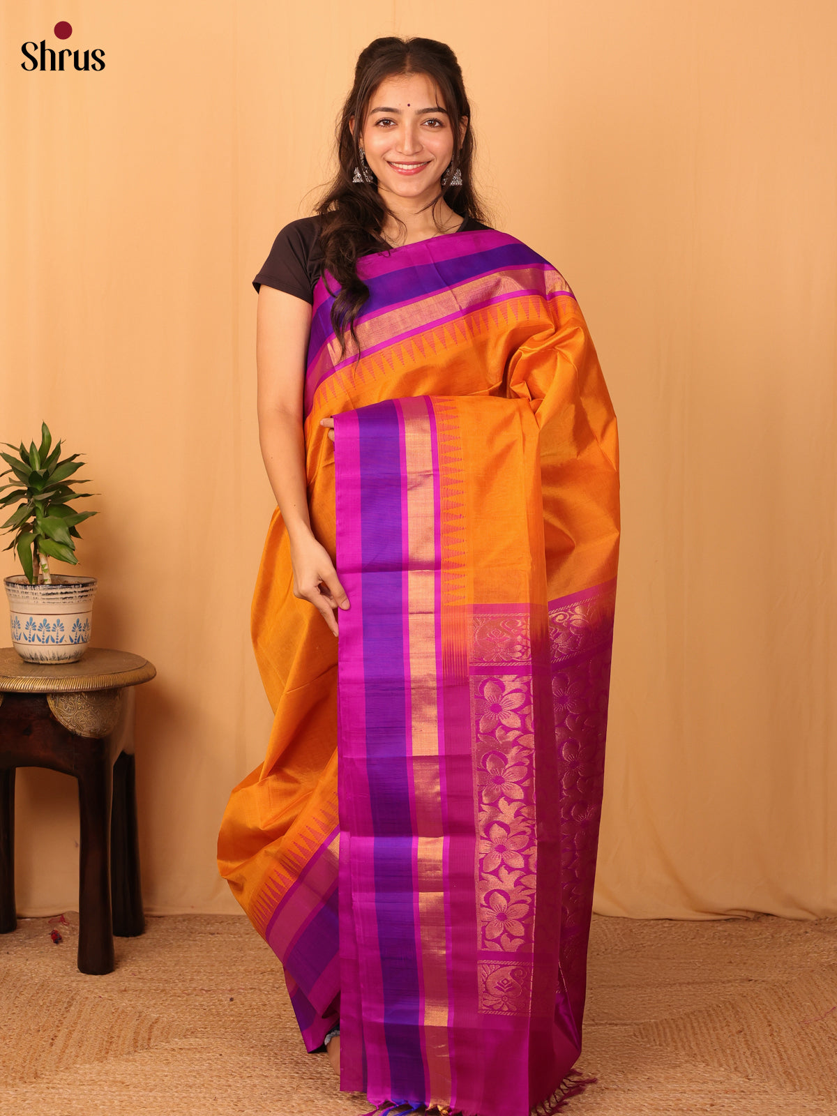 Orange & Majenta - Silk Cotton Saree - Shop on Shrus.com