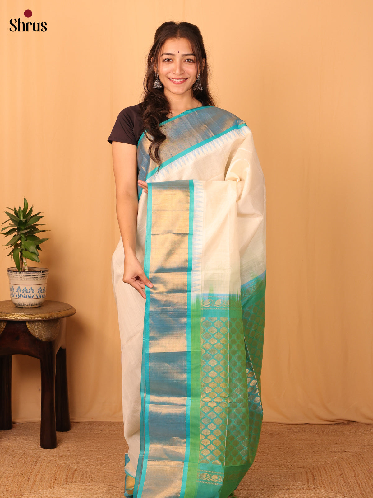 Cream & Teal Green- Silk Cotton Saree - Shop on Shrus.com