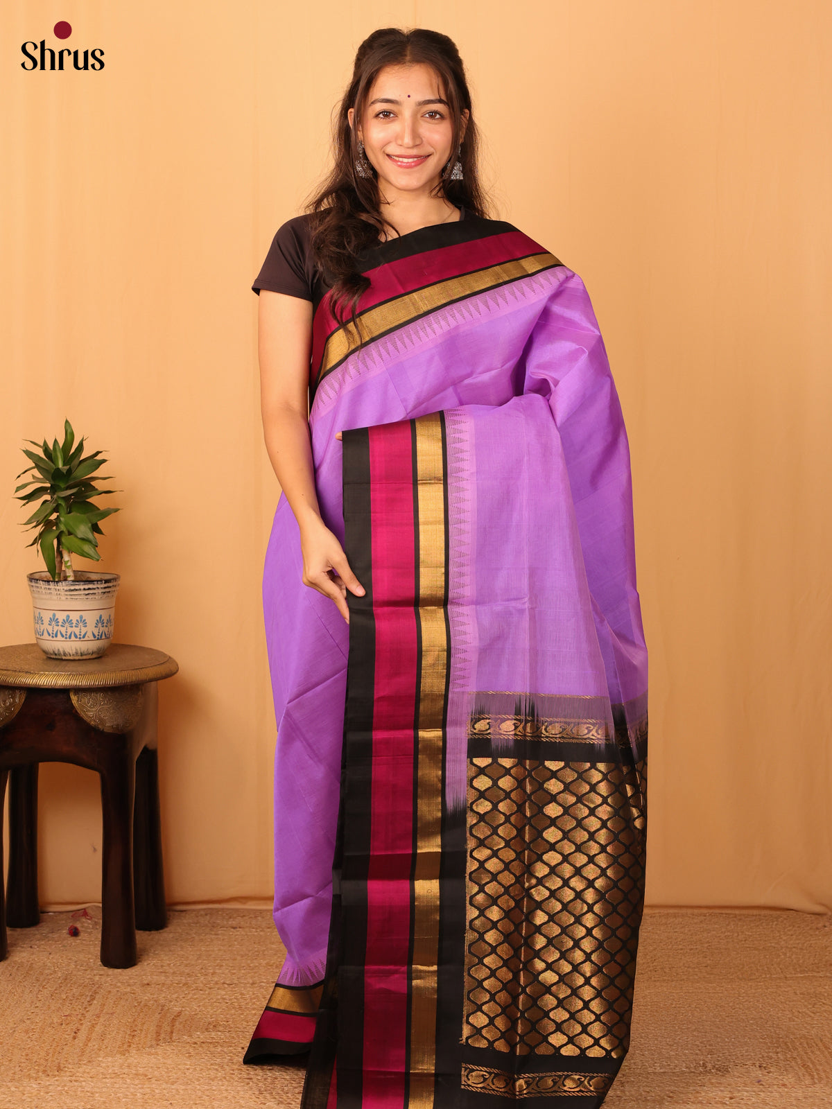 Purple & Black - Silk Cotton Saree - Shop on Shrus.com