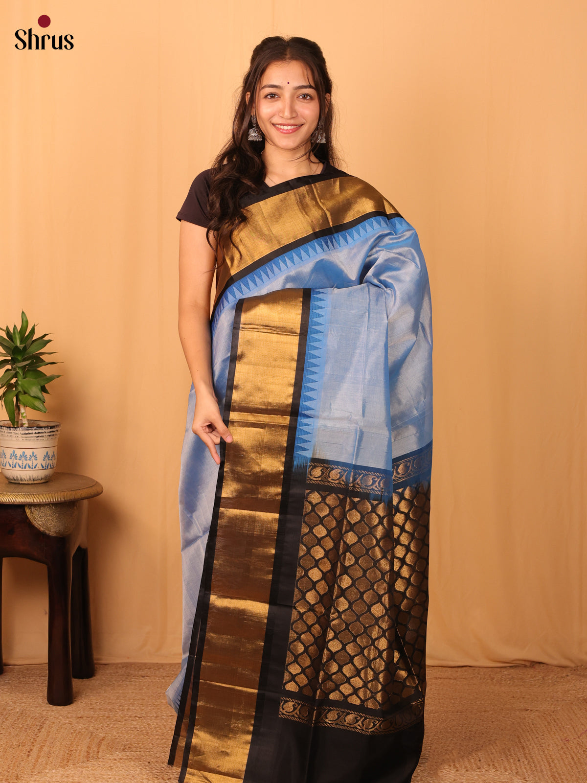 Pastel Blue & Black - Silk Cotton Saree - Shop on Shrus.com
