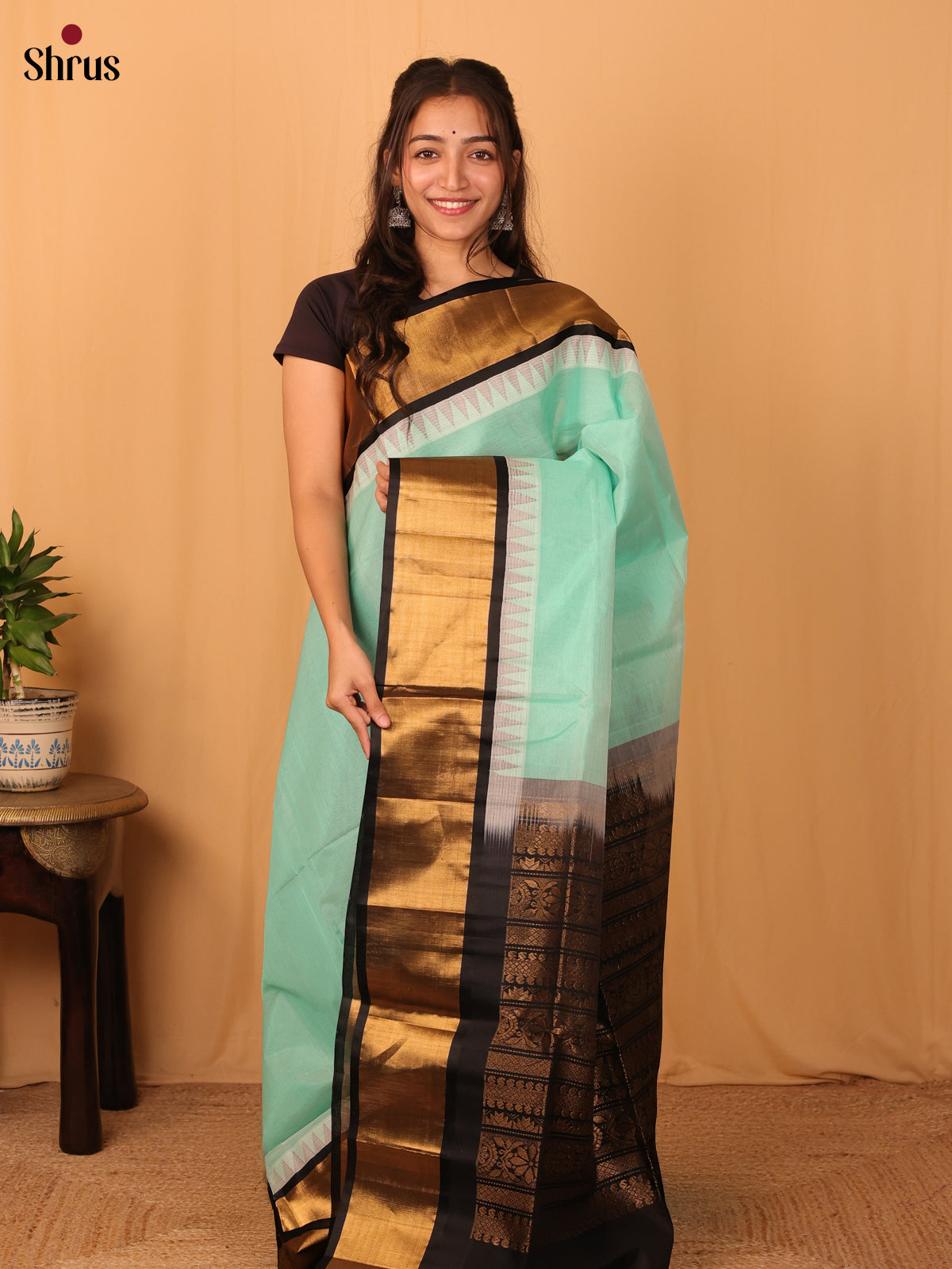 Ice Green & Black - Silk Cotton Saree - Shop on Shrus.com