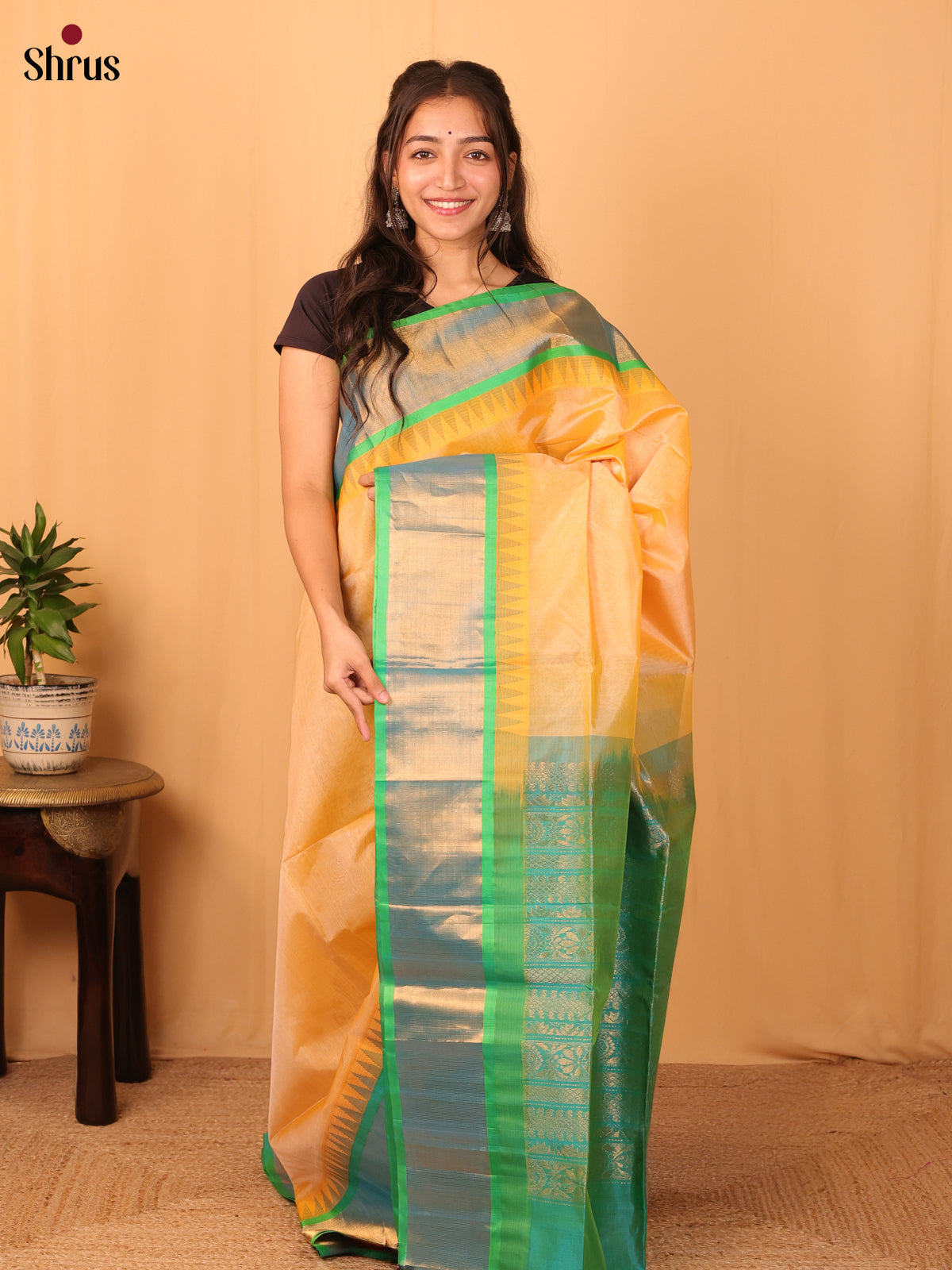 Peach & Teal Green - Silk Cotton Saree - Shop on Shrus.com