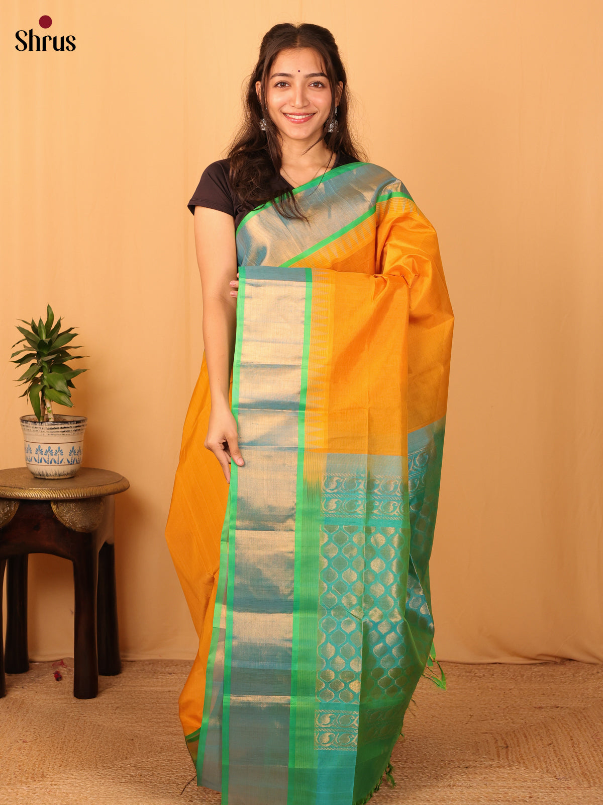 Mustard & Teal Green - Silk Cotton Saree - Shop on Shrus.com