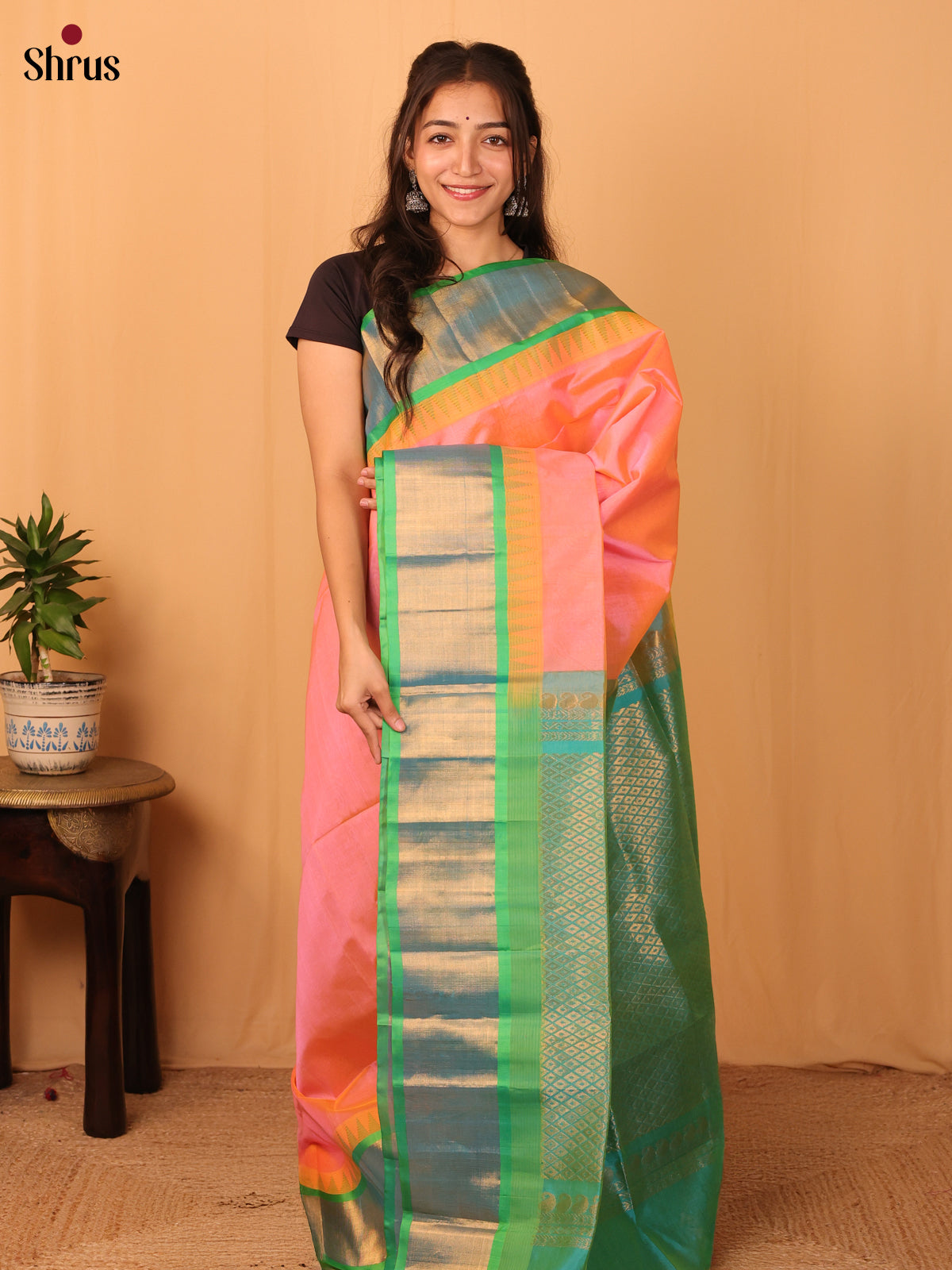 Peach & Teal - Silk Cotton Saree - Shop on Shrus.com