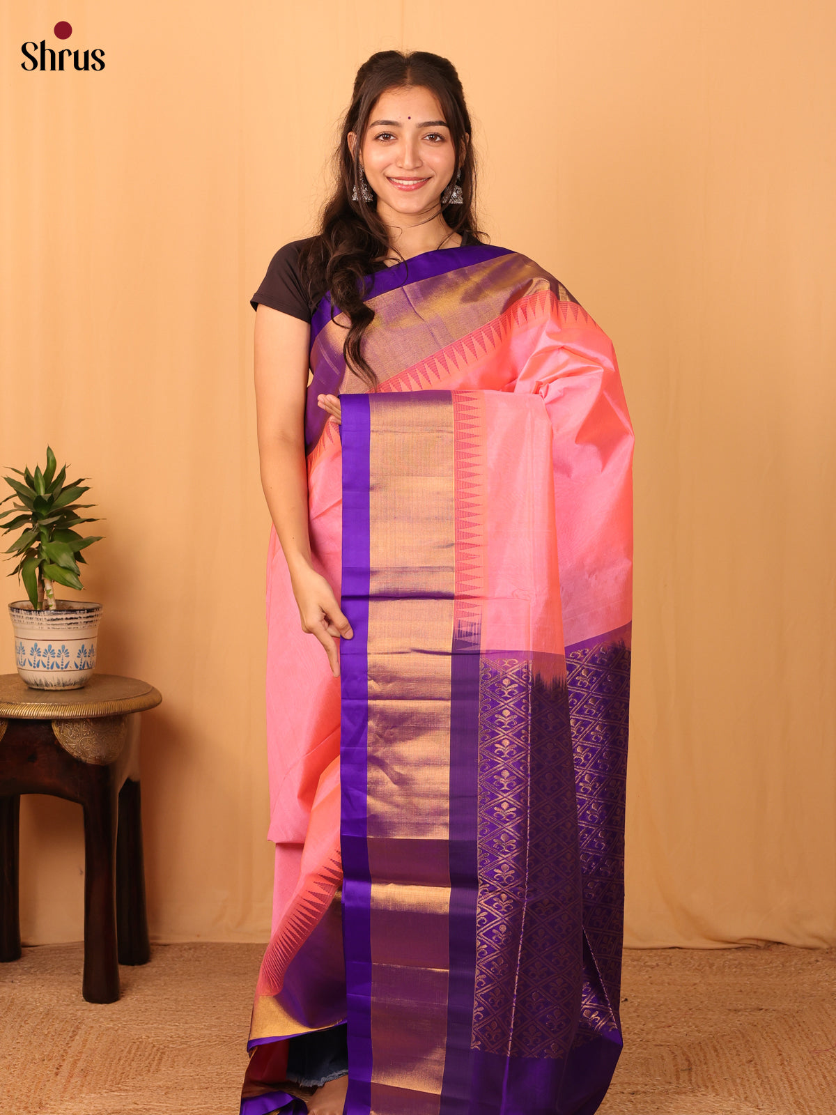 Pink & Violet - Silk Cotton Saree - Shop on Shrus.com