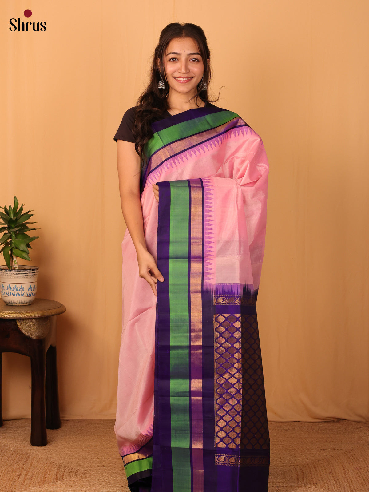 Pink & Violet - Silk Cotton Saree - Shop on Shrus.com