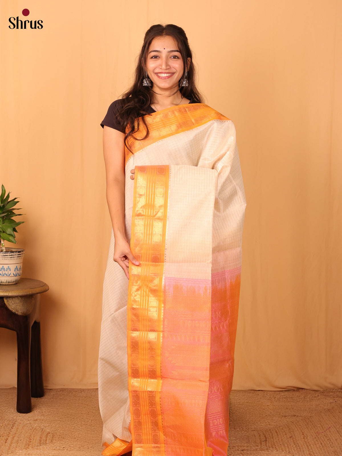Cream & Mustard - Silk Cotton Saree - Shop on Shrus.com