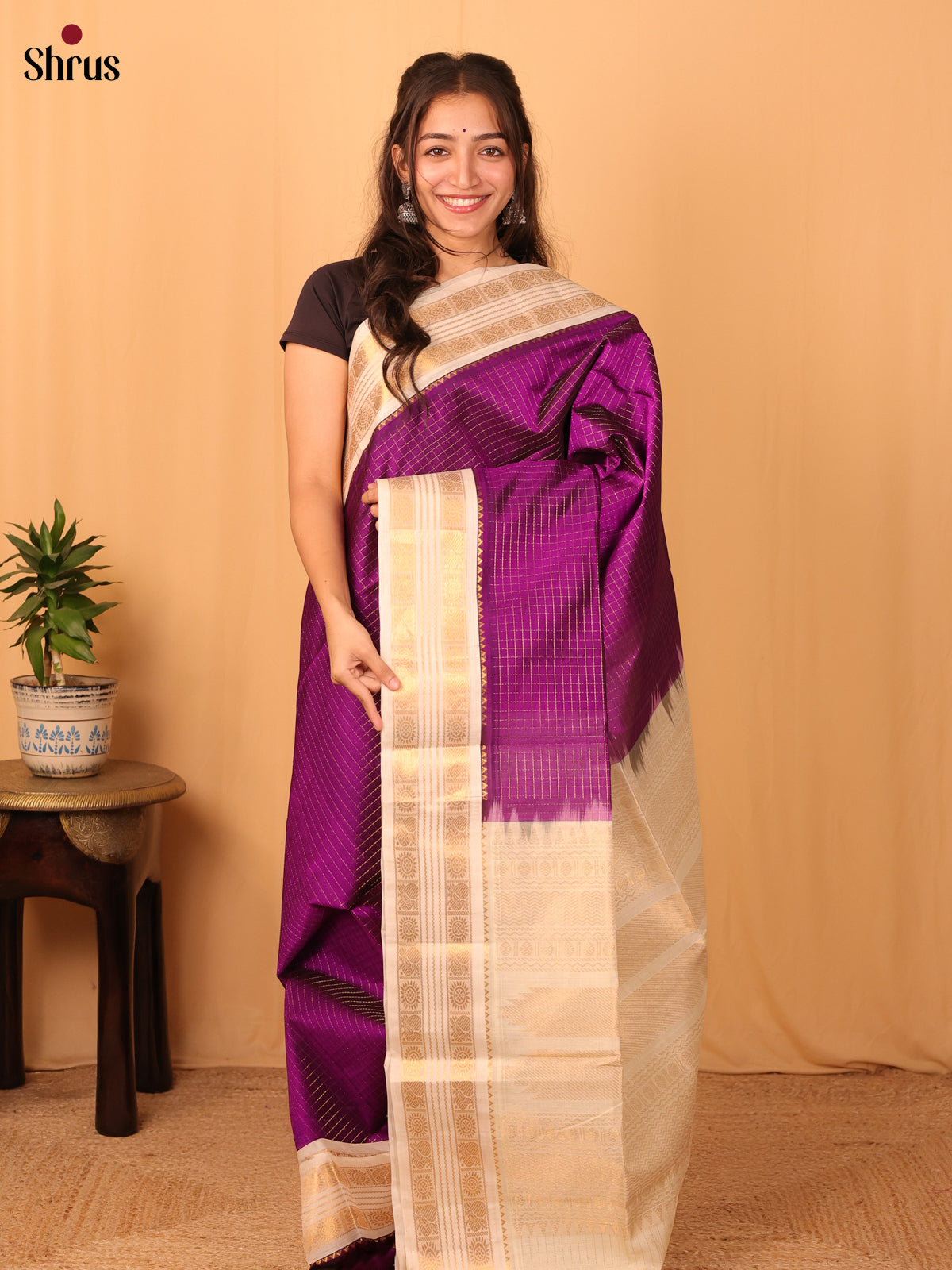Purple & Cream - Silk Cotton Saree - Shop on Shrus.com