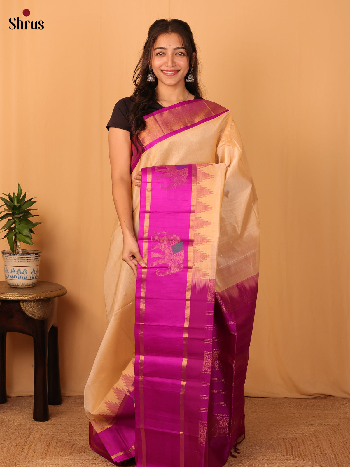 Sandal & Pink- Silk Cotton Saree - Shop on Shrus.com