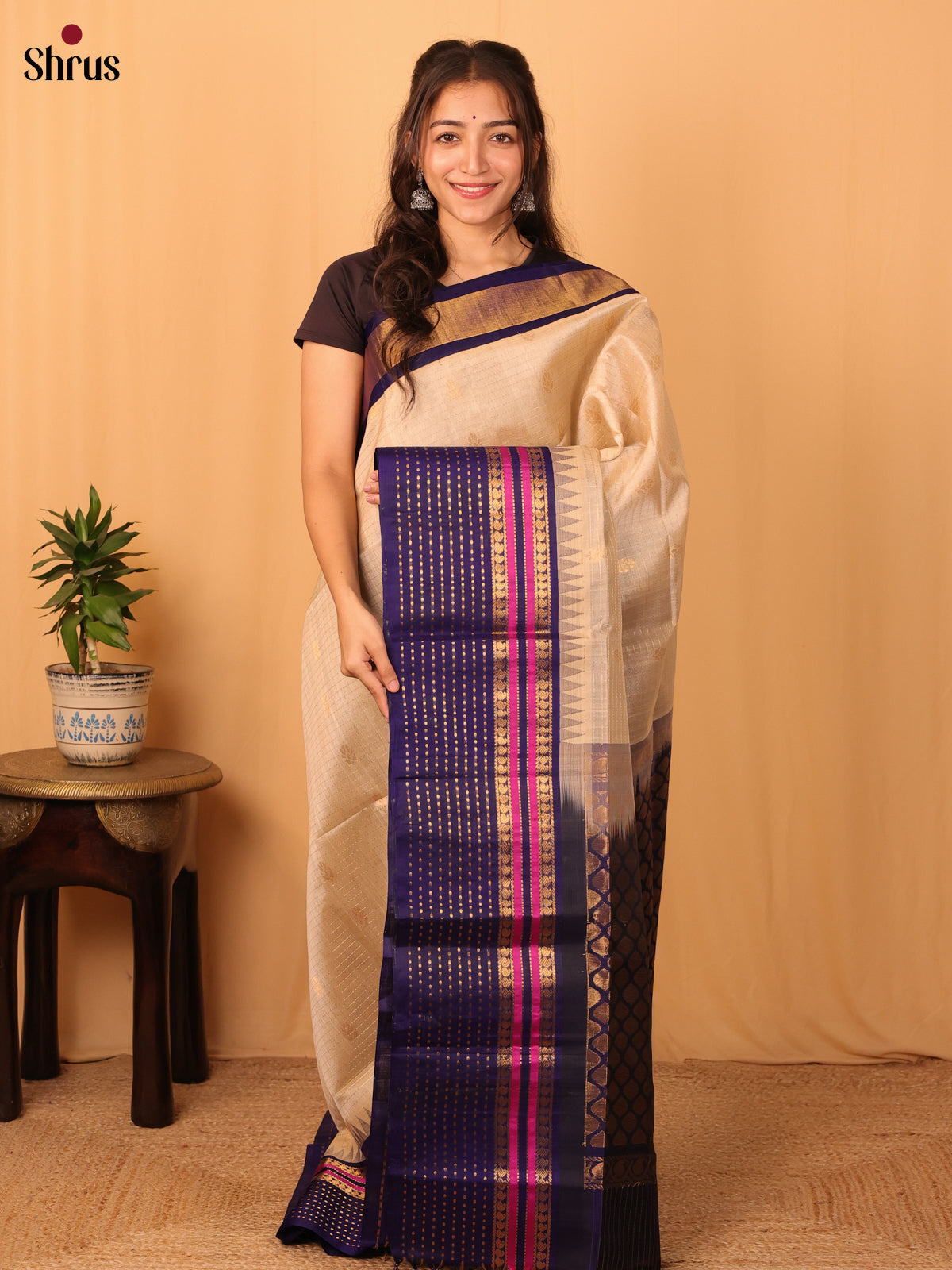 Saree 5 Cream & Violet - Silk Cotton Saree - Shop on Shrus.com