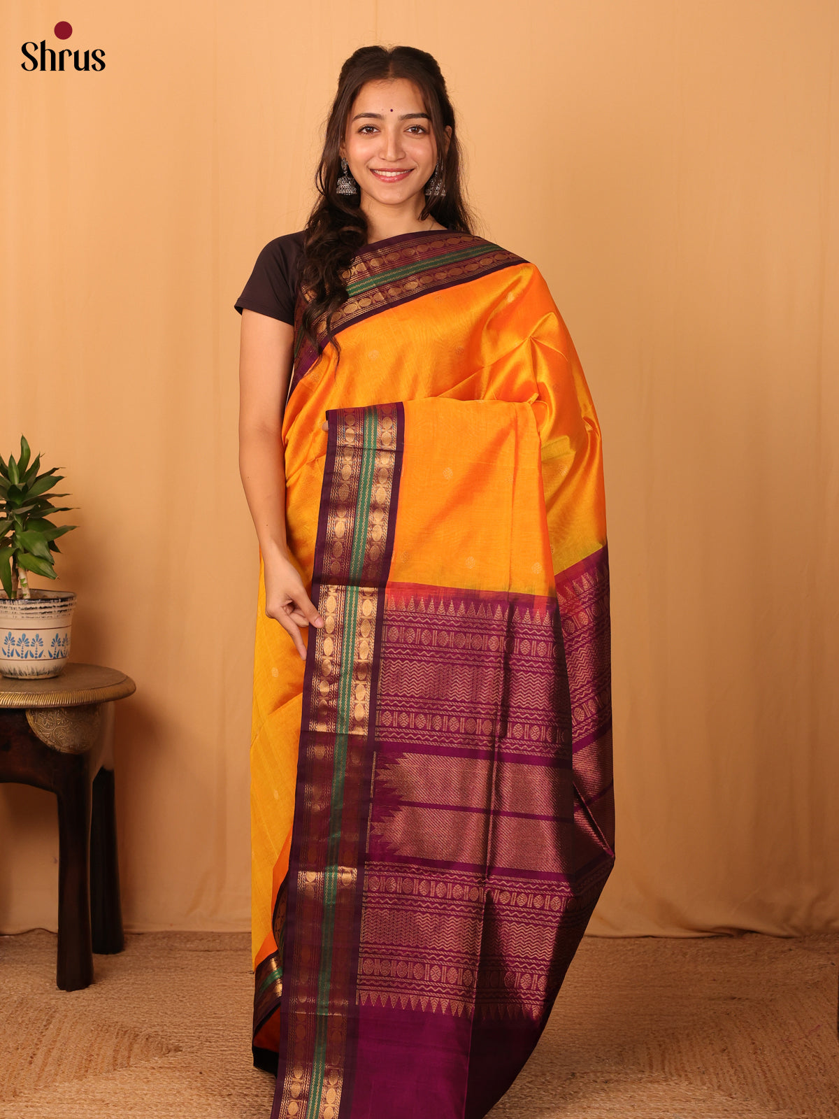 Orange & Purple - Silk Cotton Saree - Shop on Shrus.com