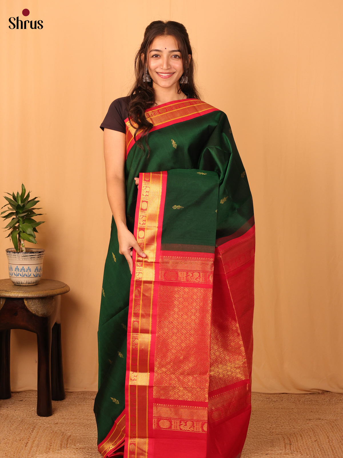 Green & Red - Silk Cotton Saree - Shop on Shrus.com
