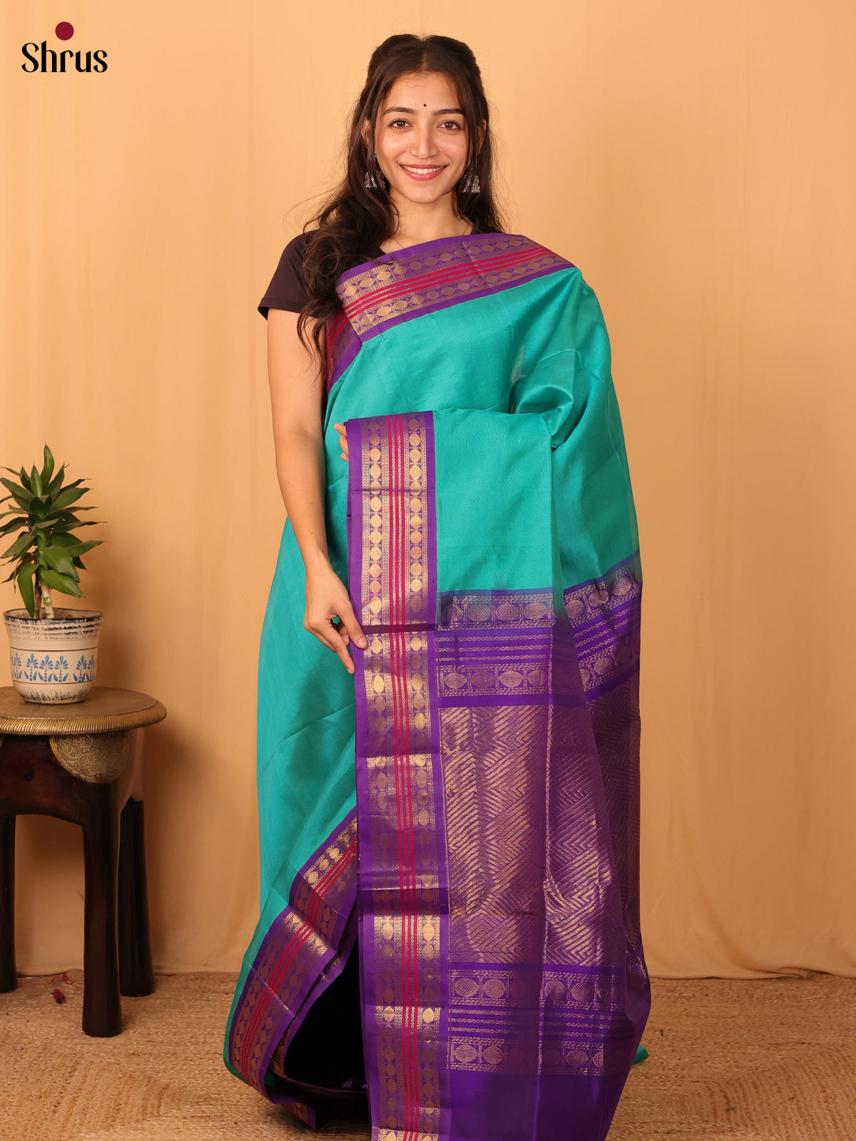 Teal & Purple - Silk Cotton Saree - Shop on Shrus.com