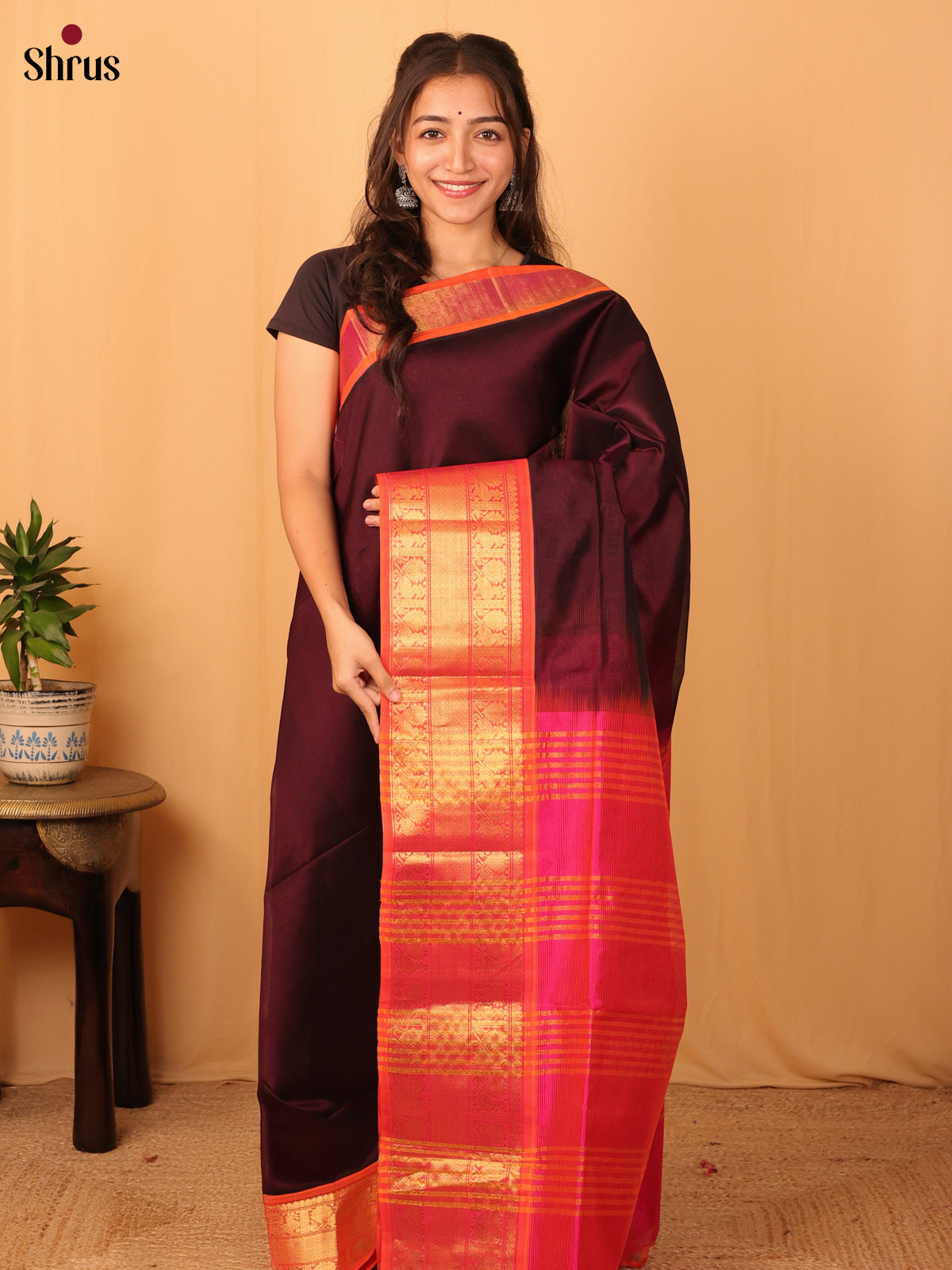 Brown & Orangish Pink- Silk Cotton Saree - Shop on Shrus.com