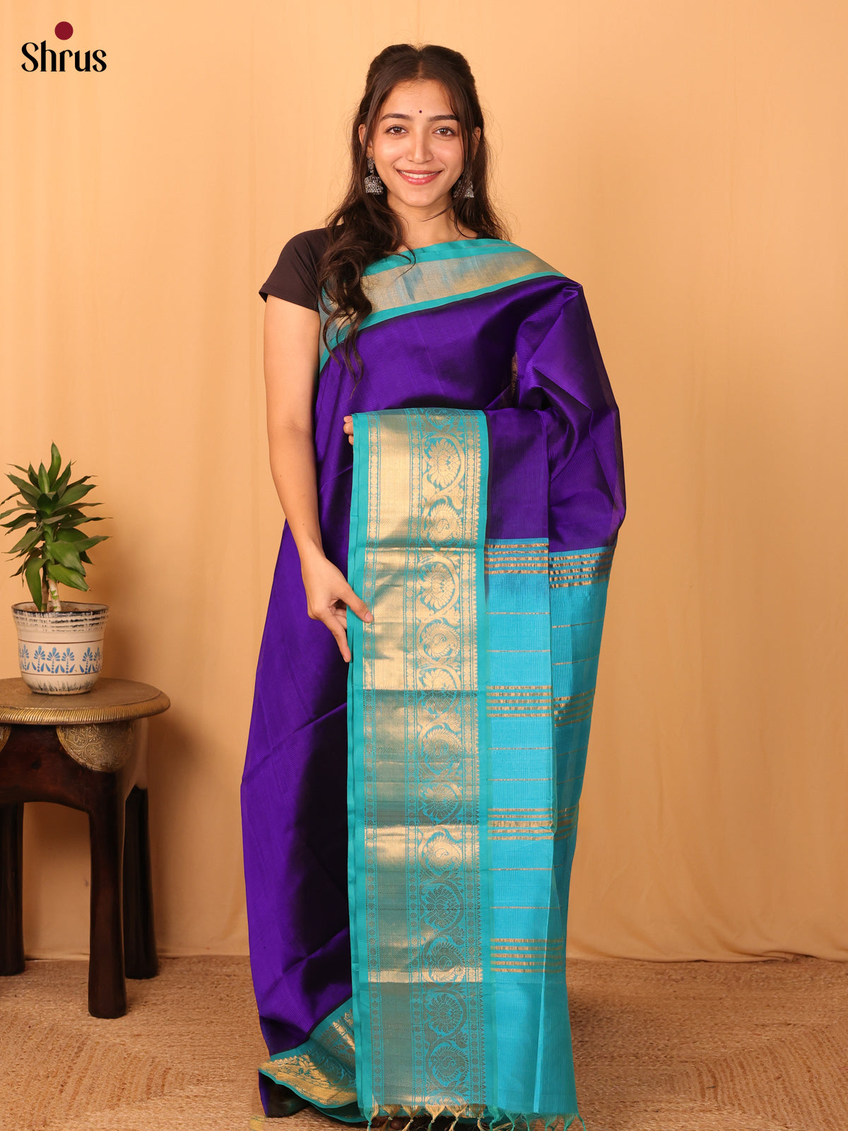 Violet & Teal - Silk Cotton Saree - Shop on Shrus.com