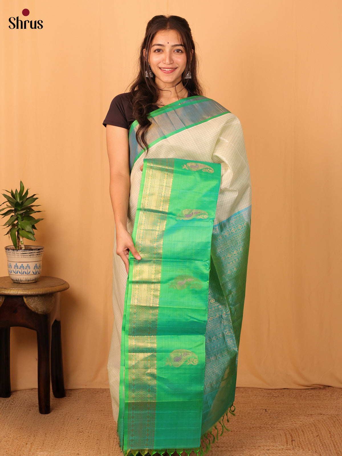 Cream & Green - Silk Cotton Saree - Shop on Shrus.com