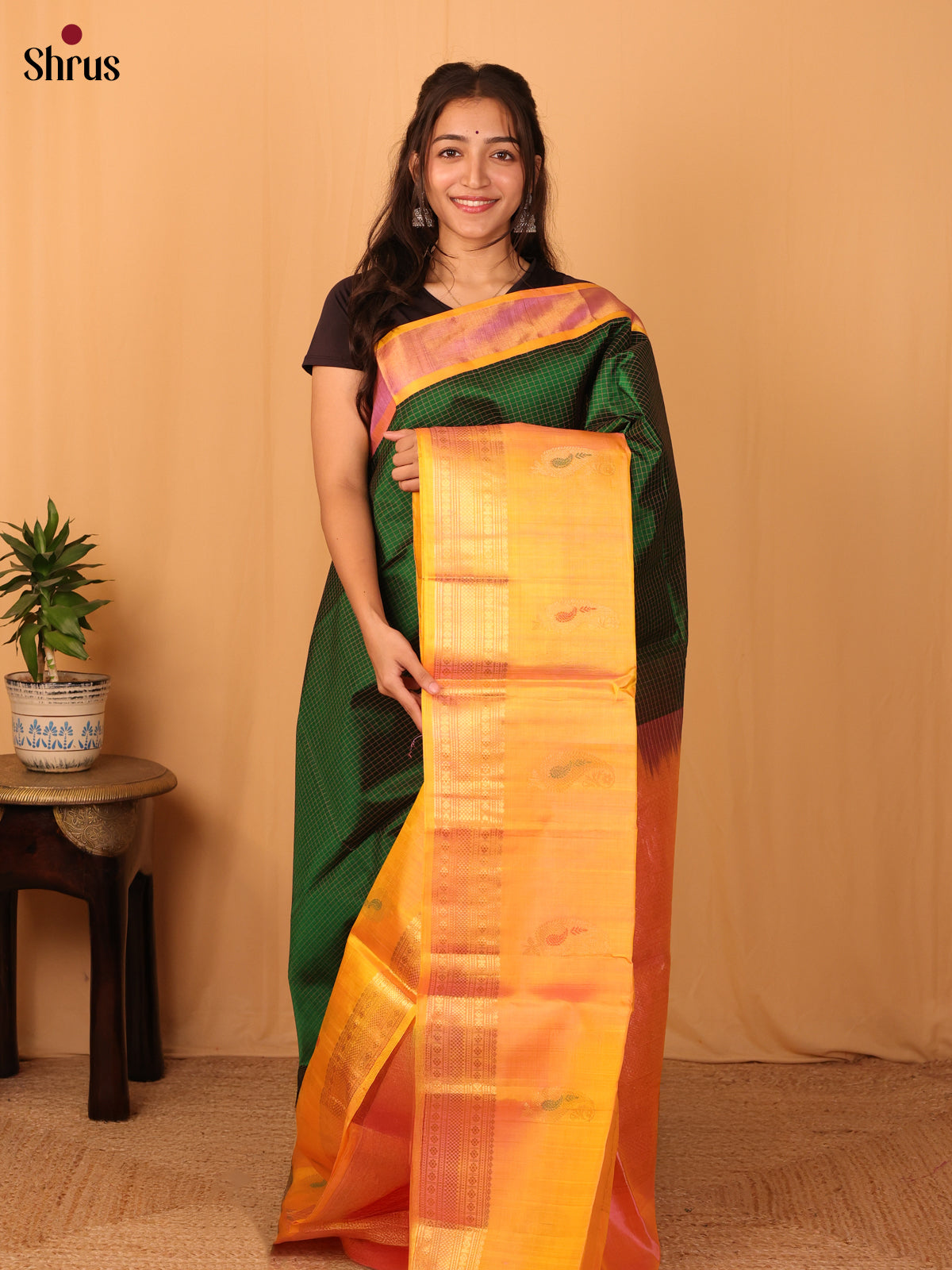 Green & Mustard - Silk Cotton Saree - Shop on Shrus.com