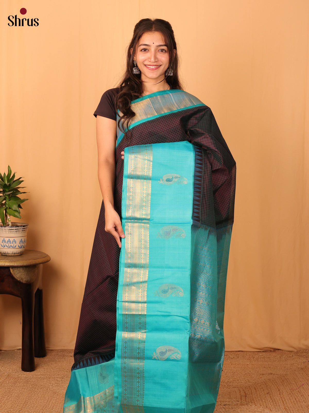 Brown & Blue - Silk Cotton Saree - Shop on Shrus.com