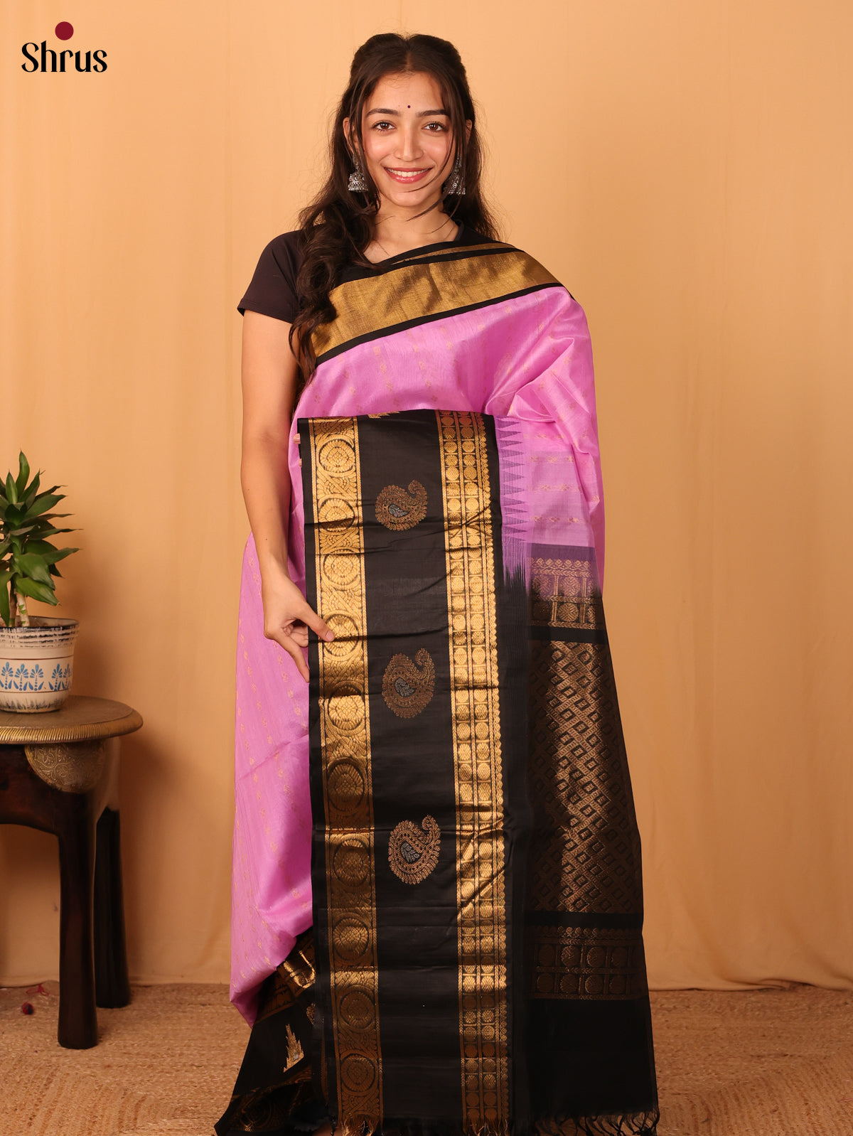 Pink & Brown - Silk Cotton Saree - Shop on Shrus.com