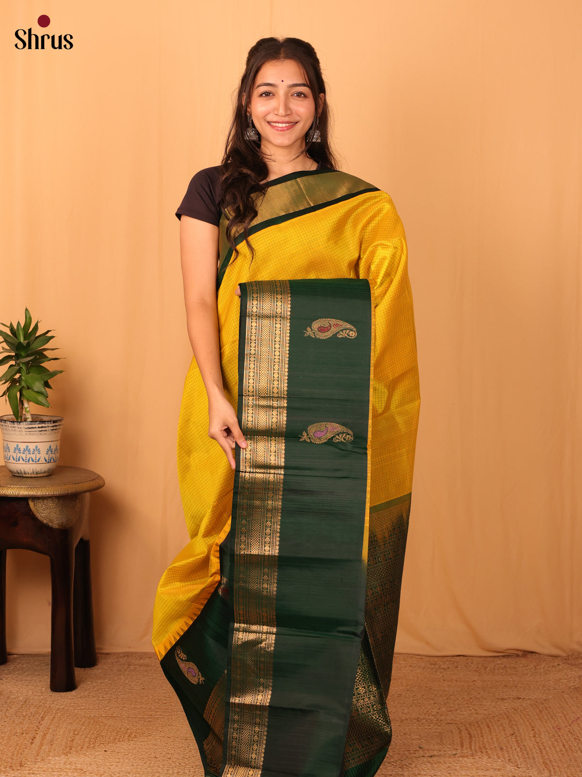 Yellow & Green - Silk Cotton Saree - Shop on Shrus.com
