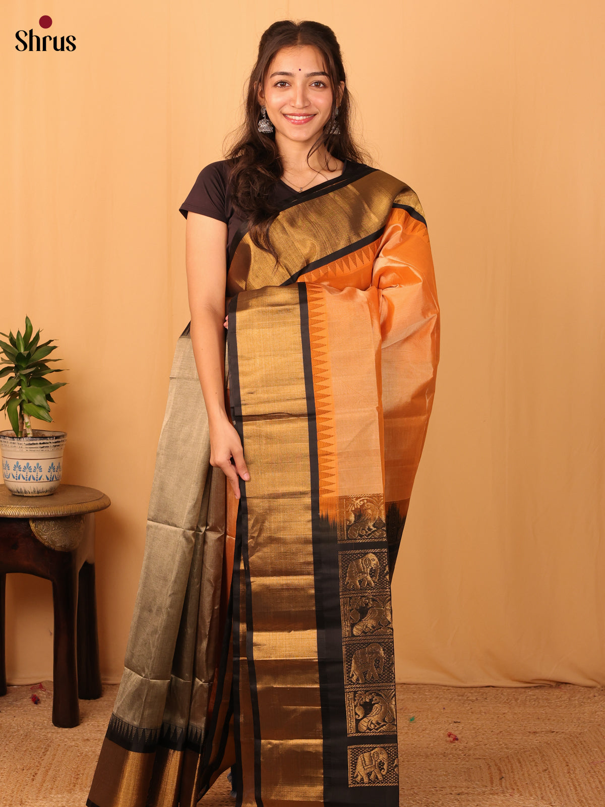 Peach & Black - Silk Cotton Saree - Shop on Shrus.com