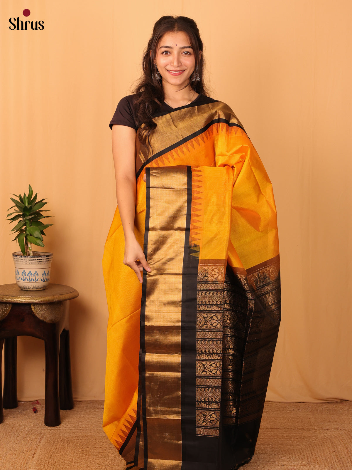 Mustard & Black - Silk Cotton Saree - Shop on Shrus.com