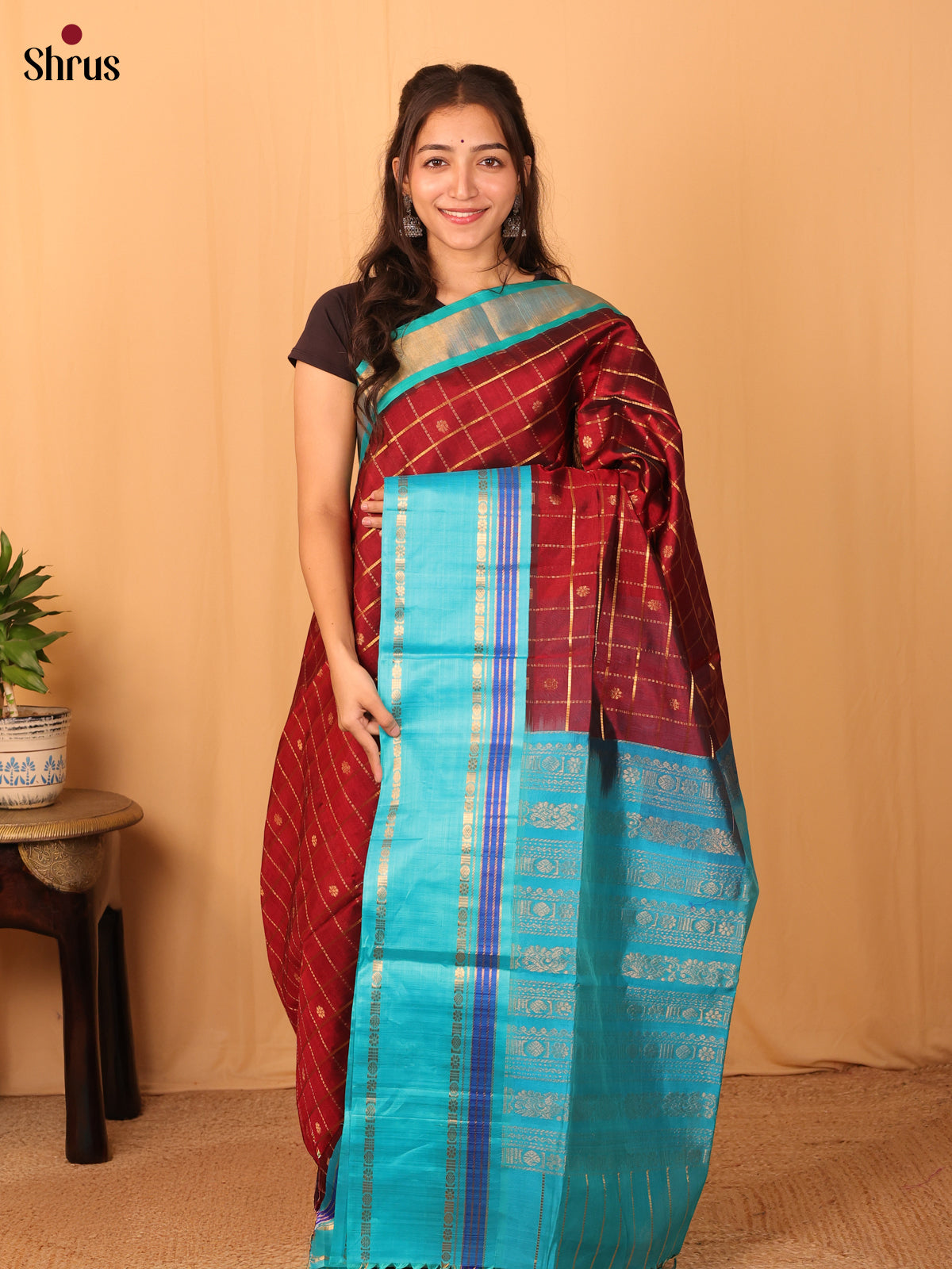 Maroon & Teal- Silk Cotton Saree - Shop on Shrus.com
