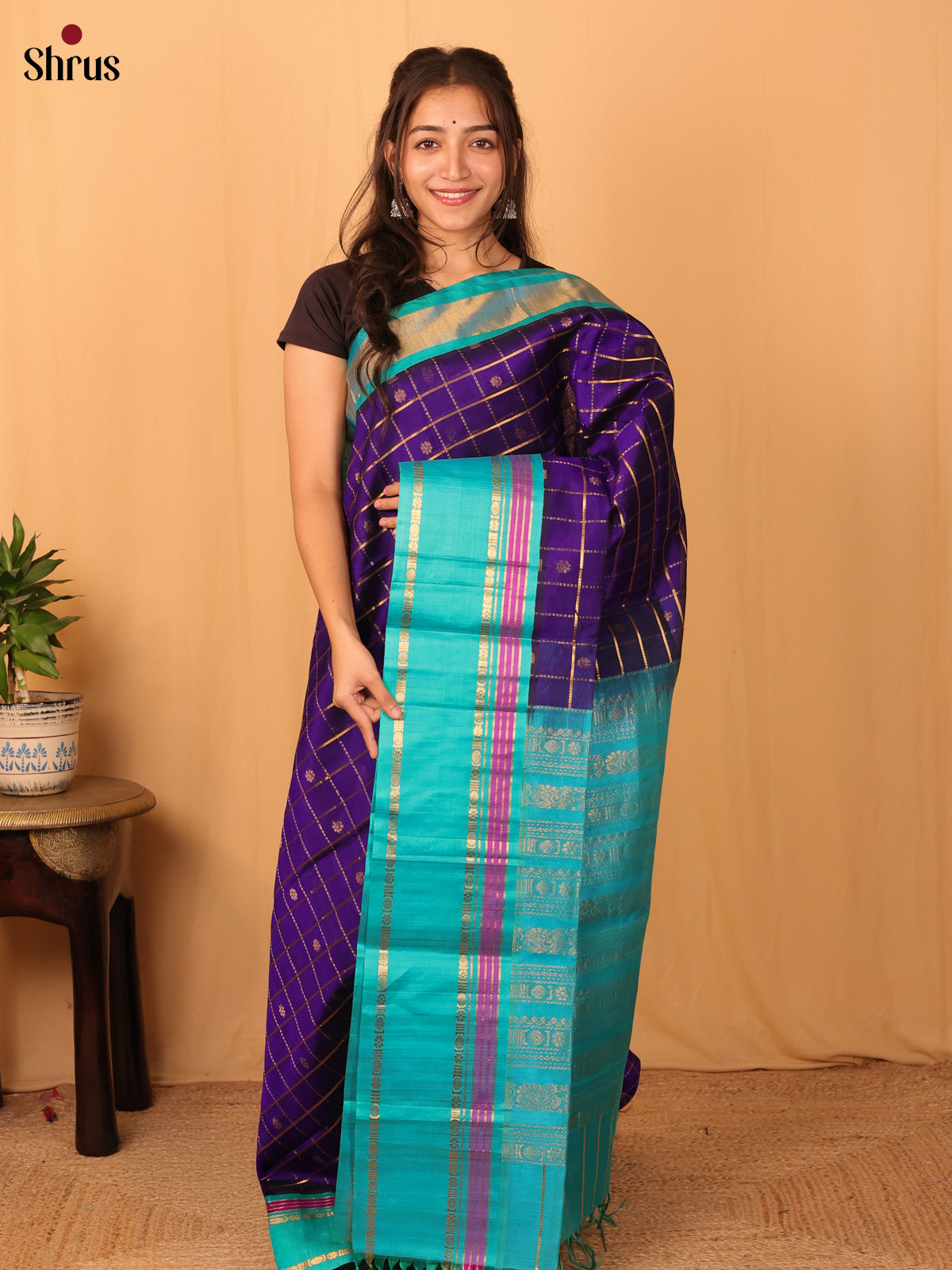Violet & Teal - Silk Cotton Saree - Shop on Shrus.com