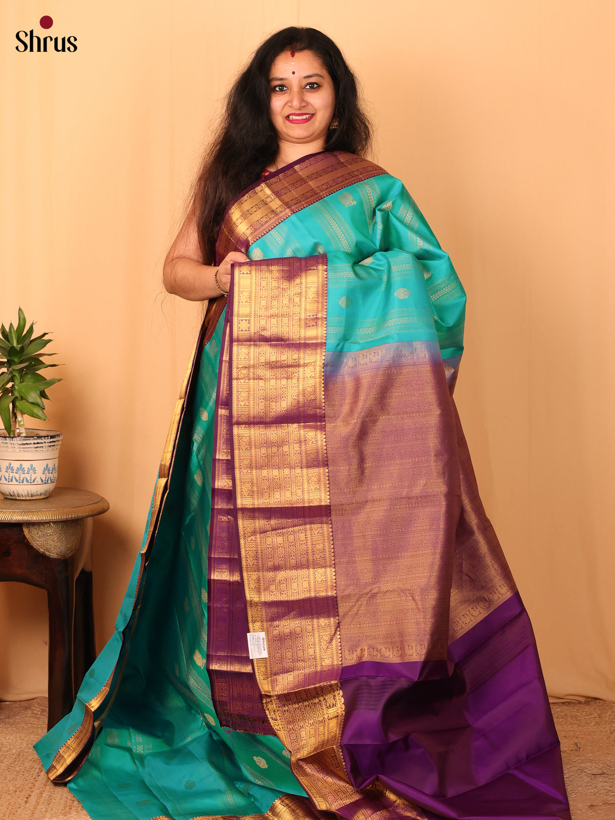 Teal & Purple - Kanchipuram silk Saree - Shop on Shrus.com