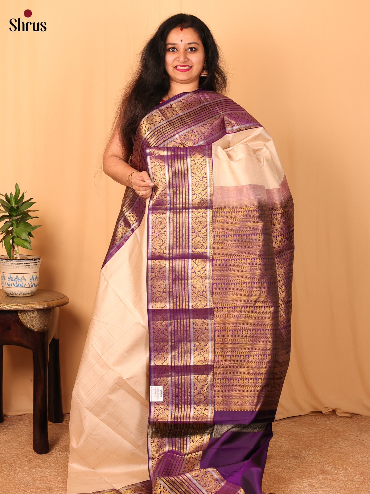 Cream & Violet - Kanchipuram silk Saree - Shop on Shrus.com
