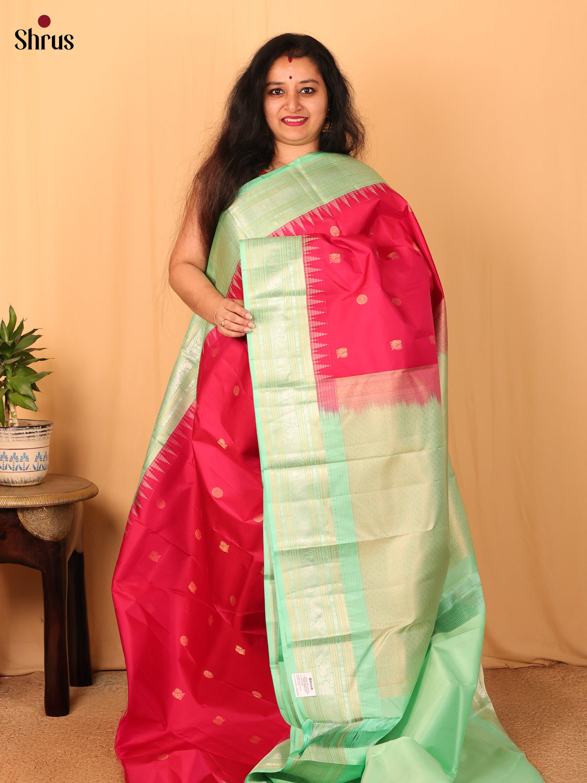 Red and Pastel green Pure Kanchipuram silk Saree With Zari Woven Buttas-1