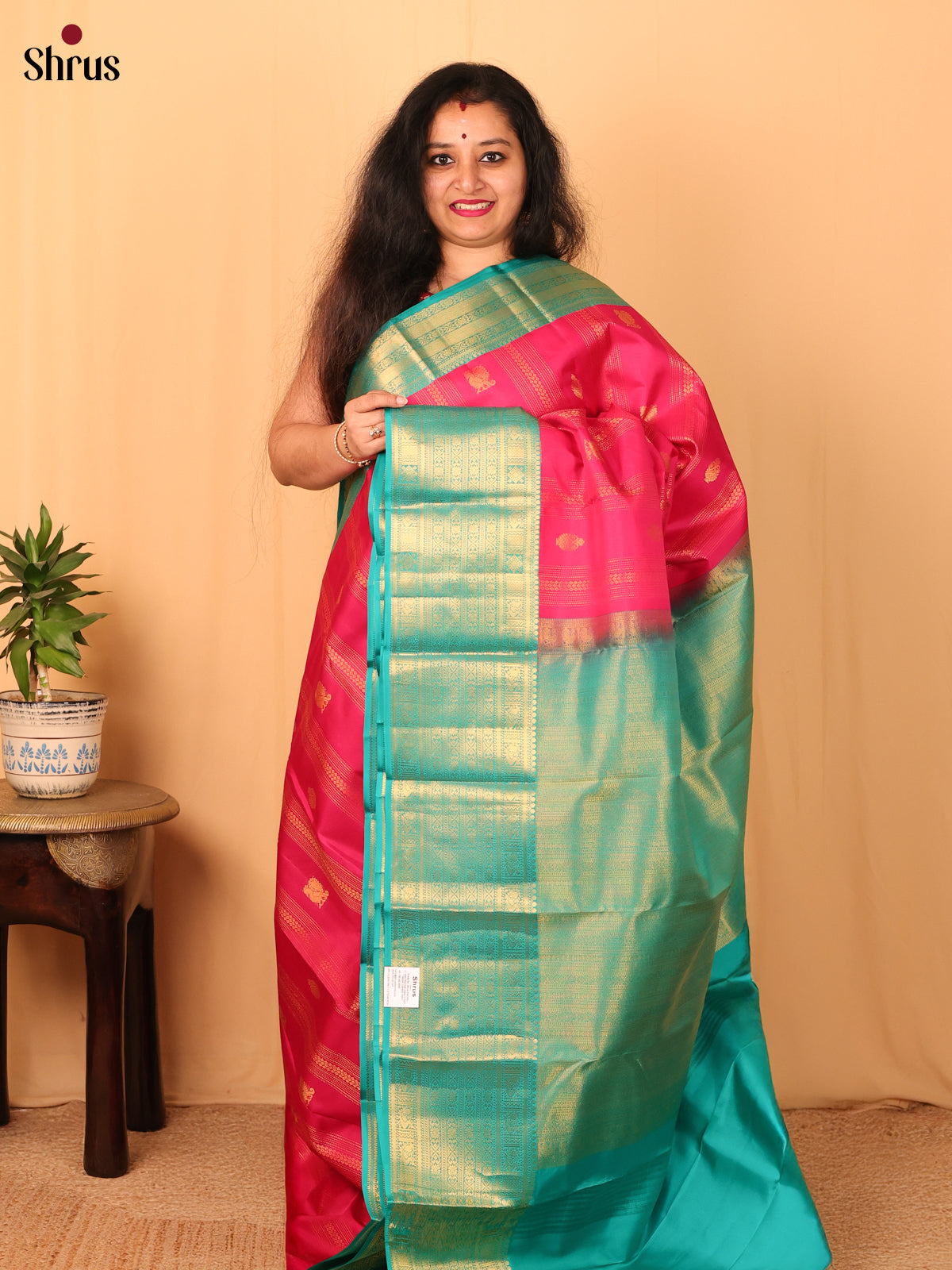 Pink & Teal - Kanchipuram silk Saree - Shop on Shrus.com
