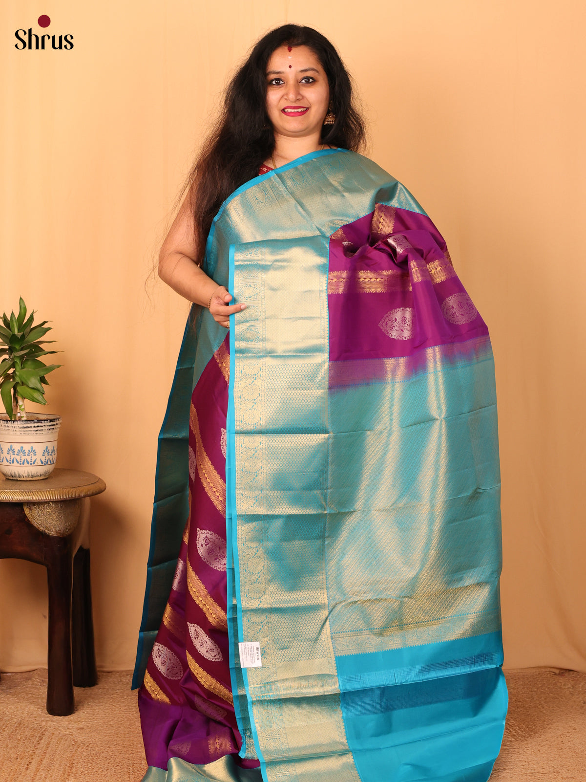 Purple & Teal - Kanchipuram silk Saree - Shop on Shrus.com