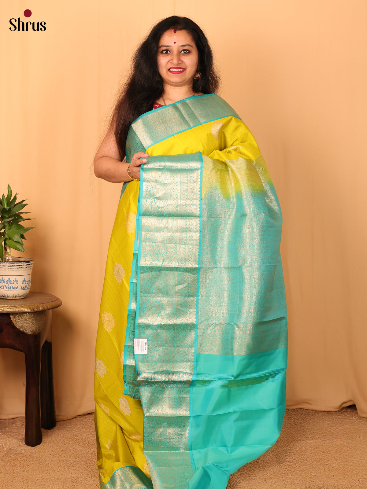 Lime Green & Teal - Kanchipuram silk Saree - Shop on Shrus.com